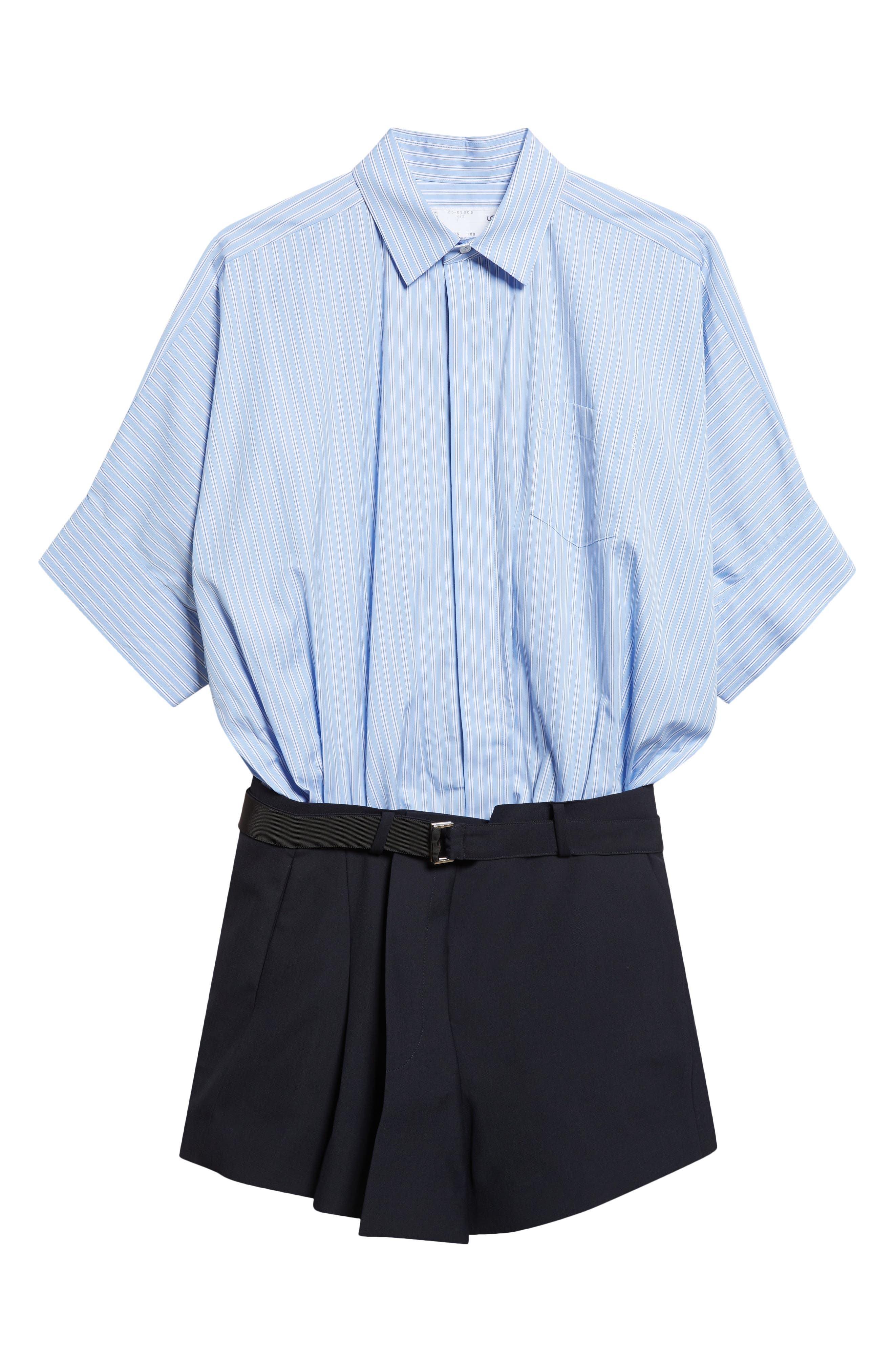 Sacai Mixed Media Poplin & Suiting Shirtdress in Light Blue/Stripe Navy at Nordstrom - 5