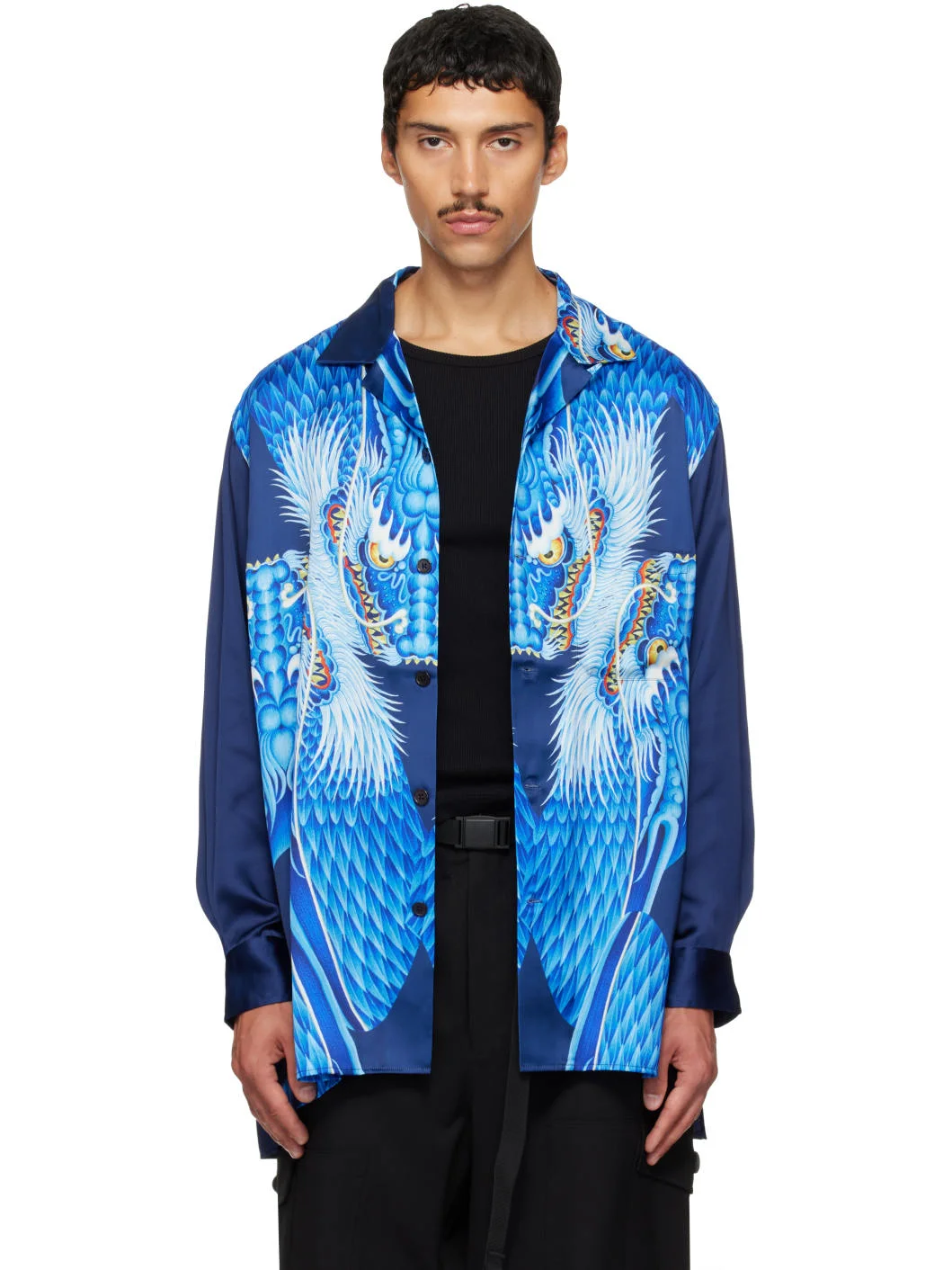 Navy Satin Graphic 'Dragon' Shirt - 1