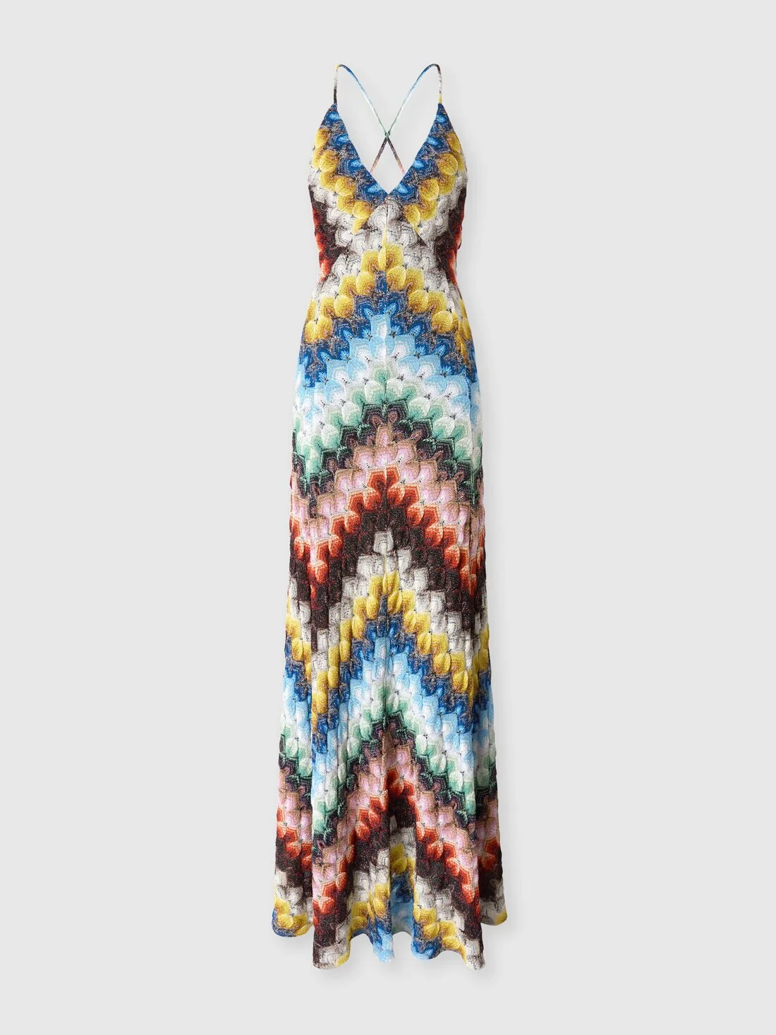 Long dress with V-neck in lamé viscose with lace motif - 1