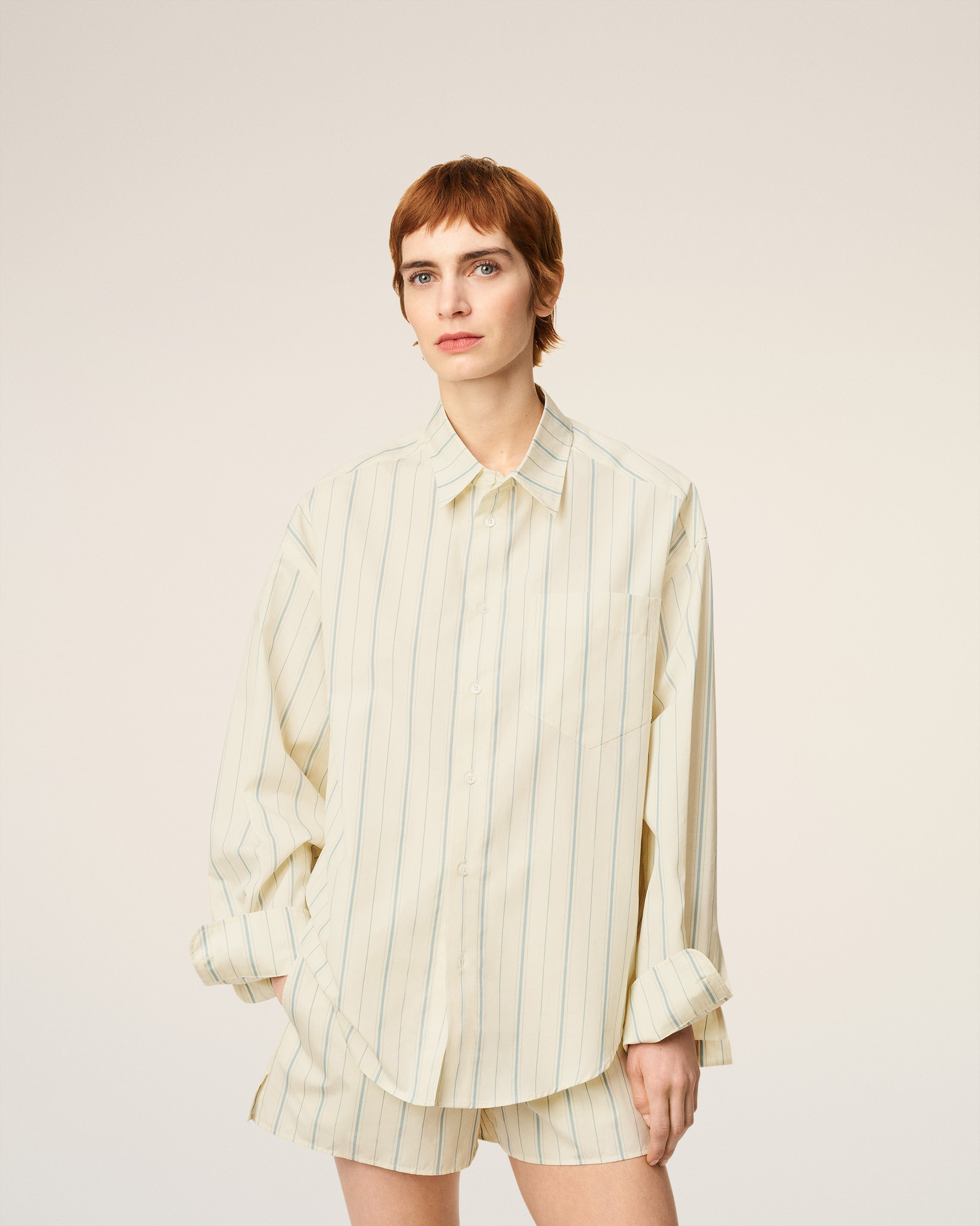 BEIGE COTTON  BOXY FIT STRIPED SHIRT - 6