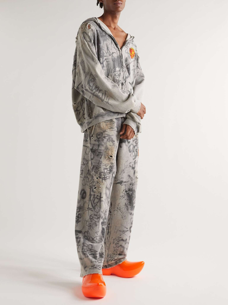 BALENCIAGA Wide-Leg Logo-Embroidered Distressed Printed Cotton-Jersey Sweatpants outlook