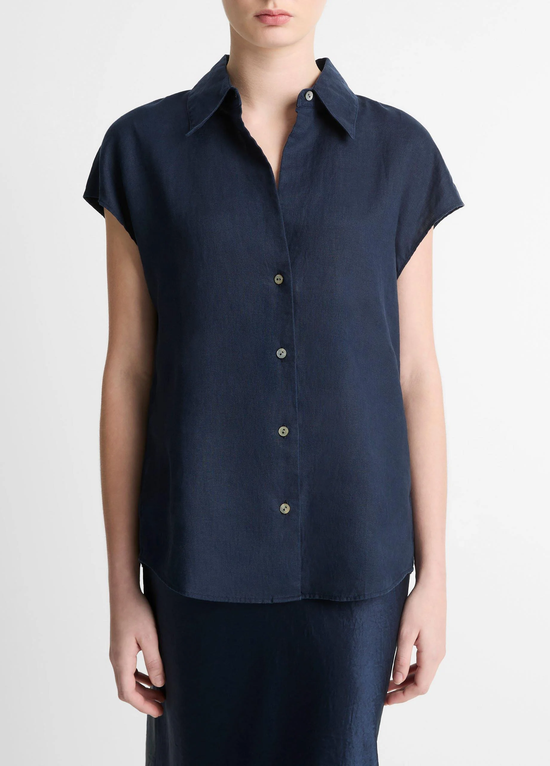 Linen Cap-Sleeve Button-Front Blouse - 1