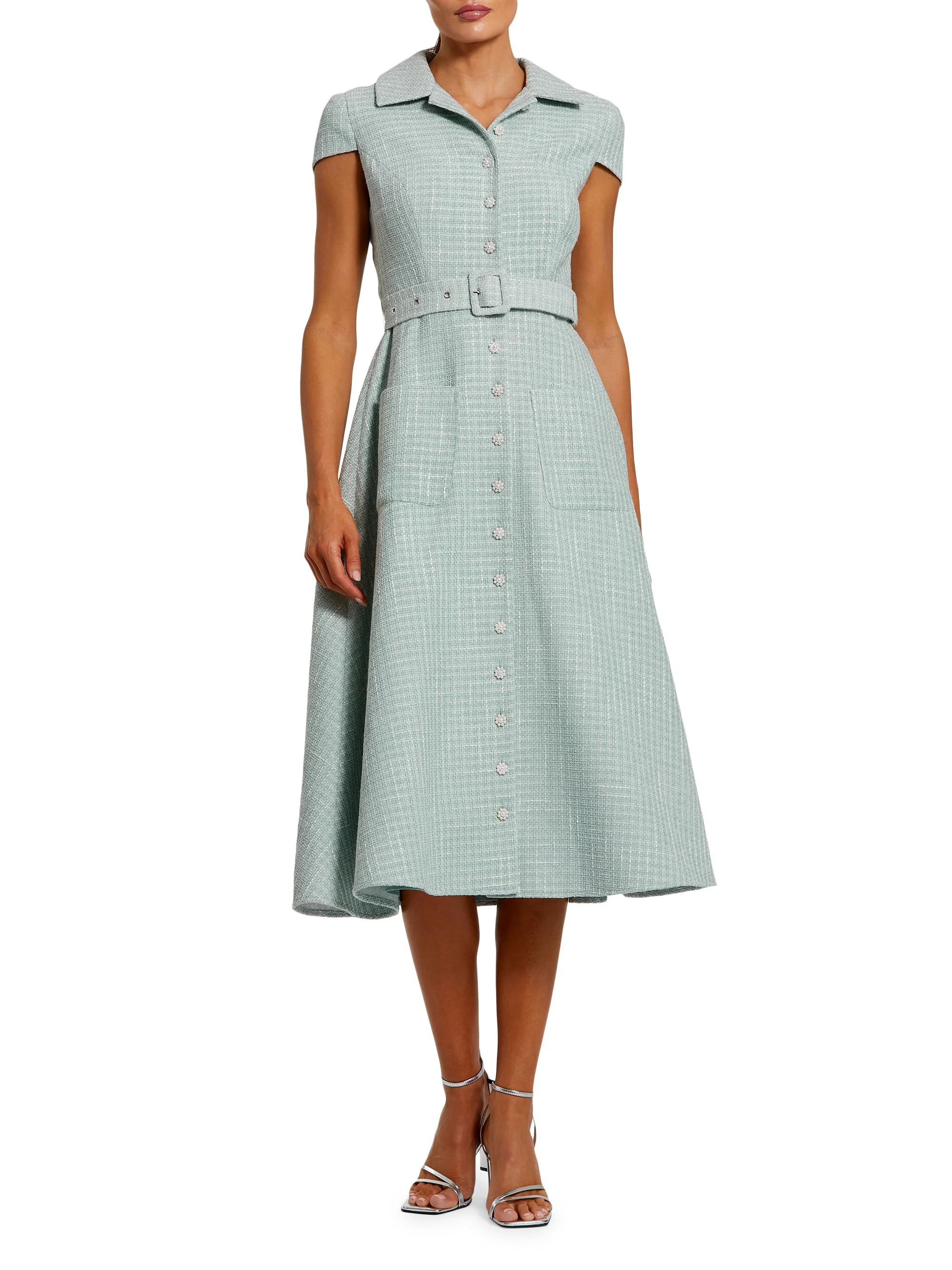 Women's Tweed Belted Midi-Shirtdress - Seafoam - 1