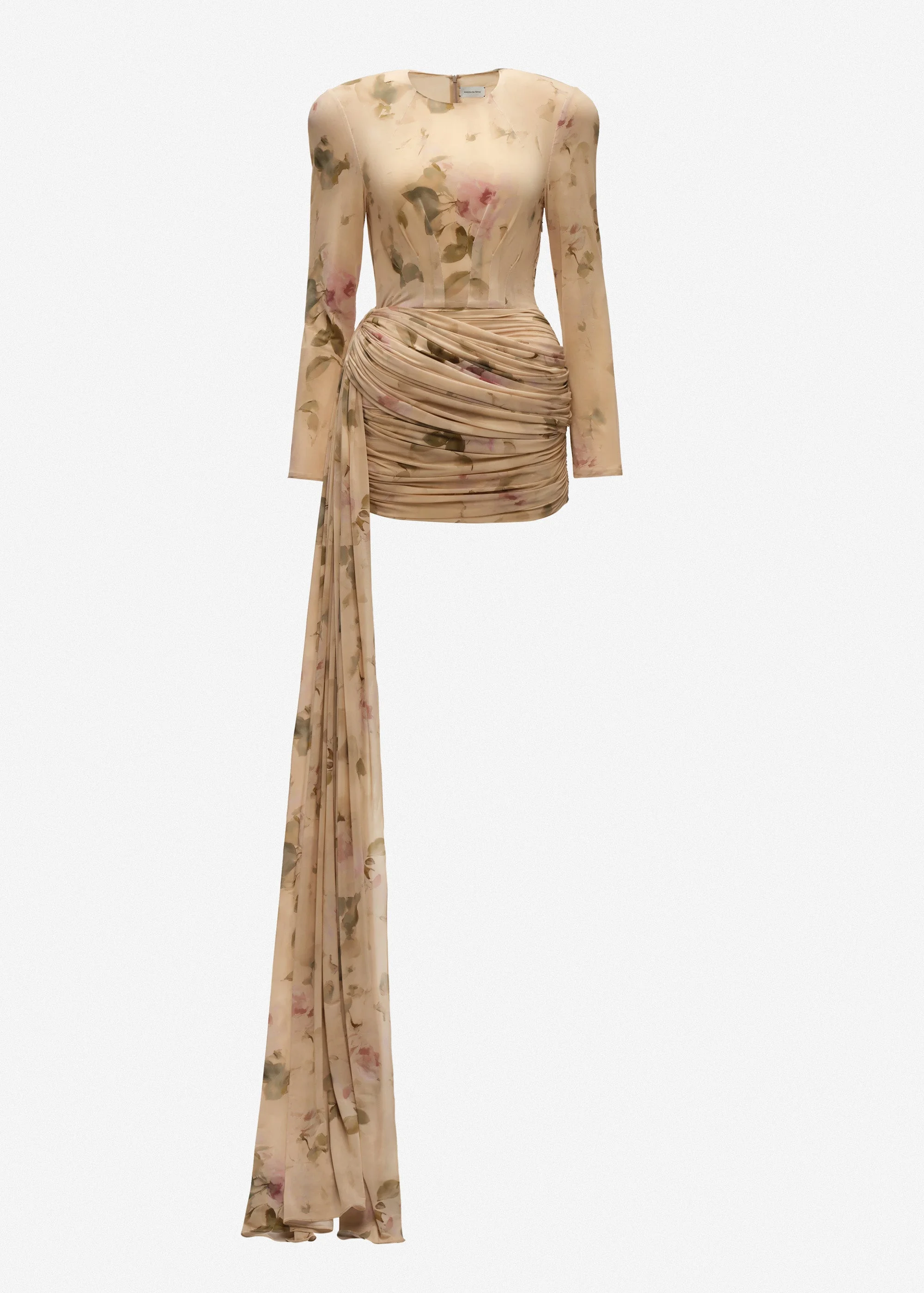 Longsleeve sash mini dress in beige floral print - 1