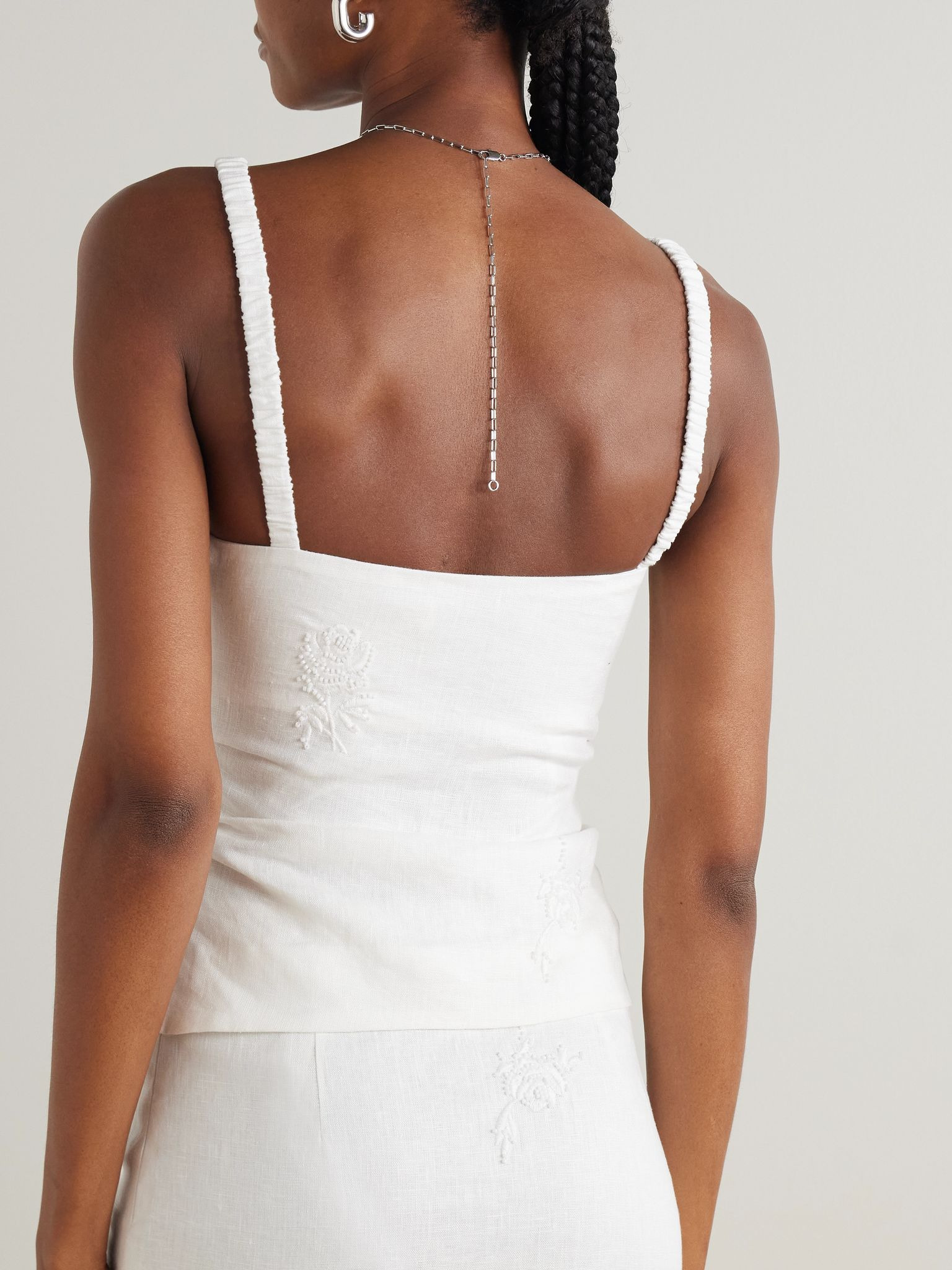 Alessandra gathered bead-embellished embroidered linen camisole White - 3