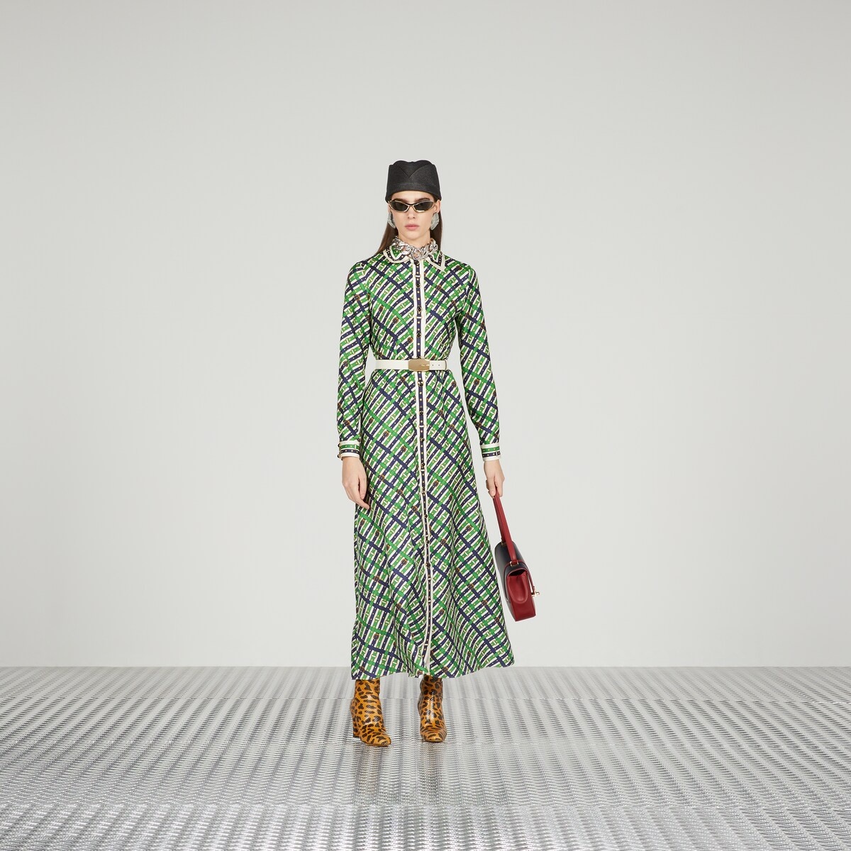 Silk belt check print dress - 2