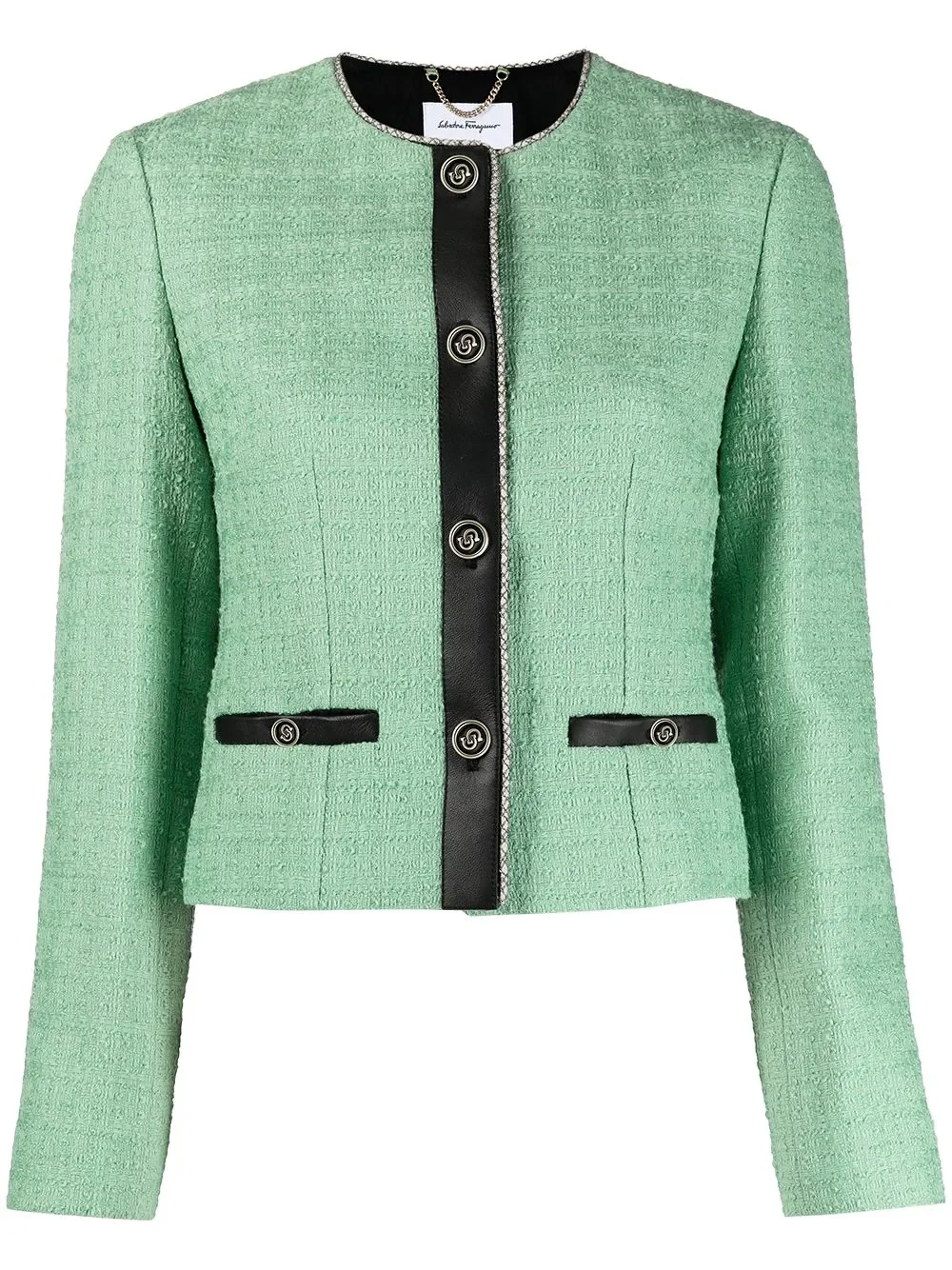 leather-trim tweed jacket - 1