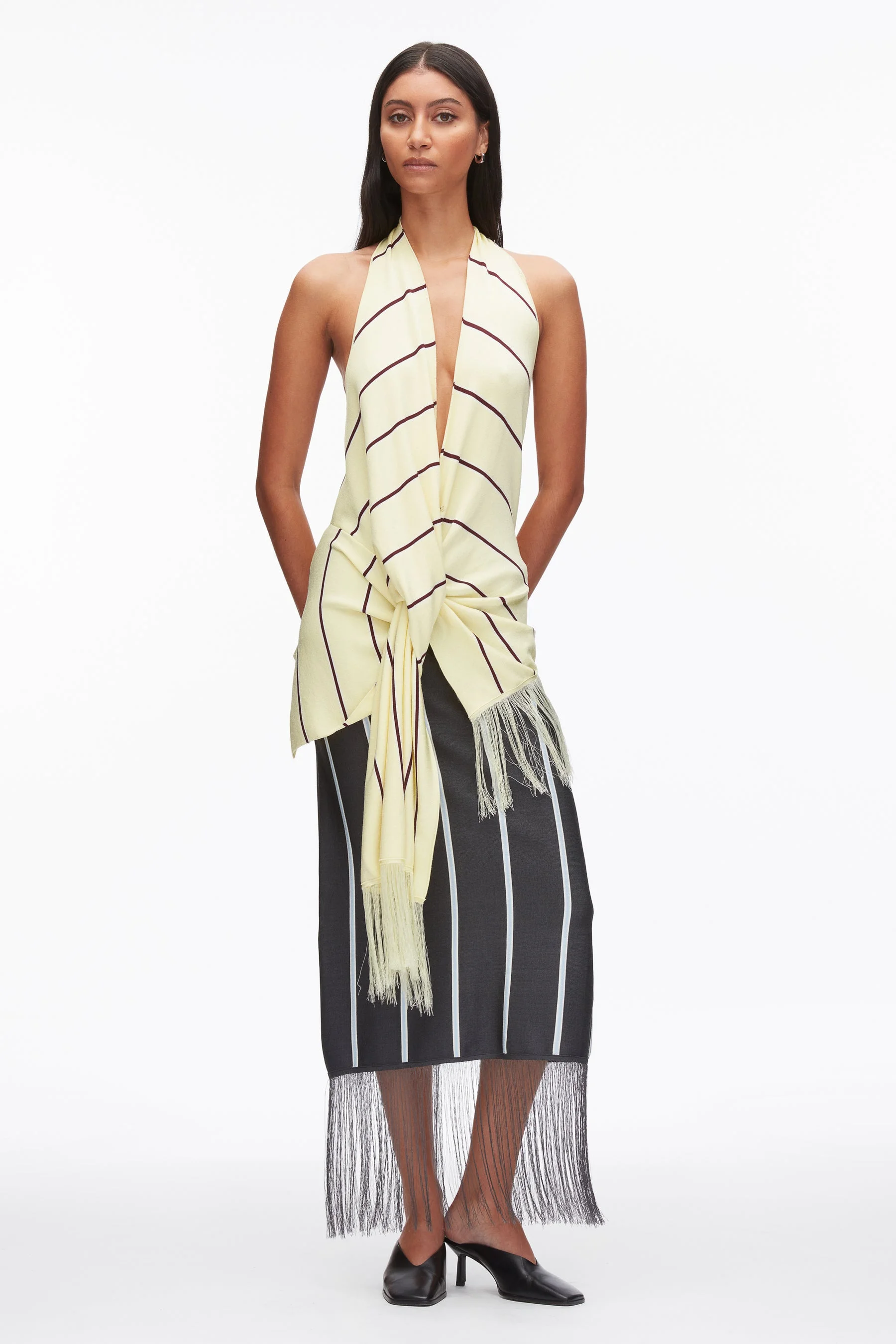 Draped Stripe Halter Top with Fringe - 1