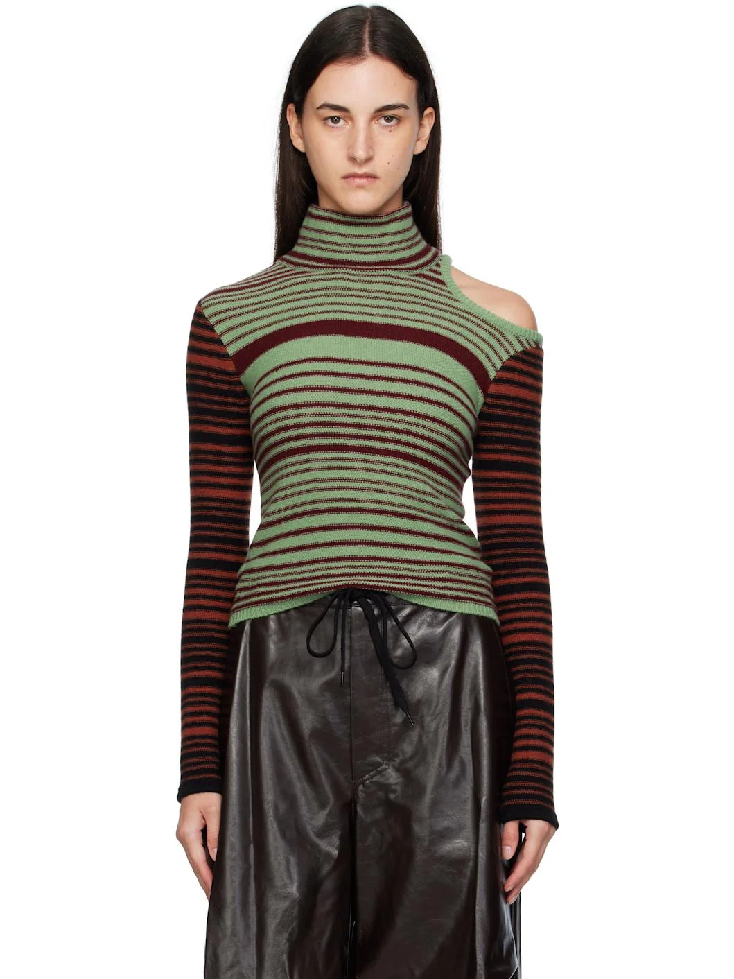 Green & Burgundy Elodie Multi Stripe Cut-Out Turtleneck - 1