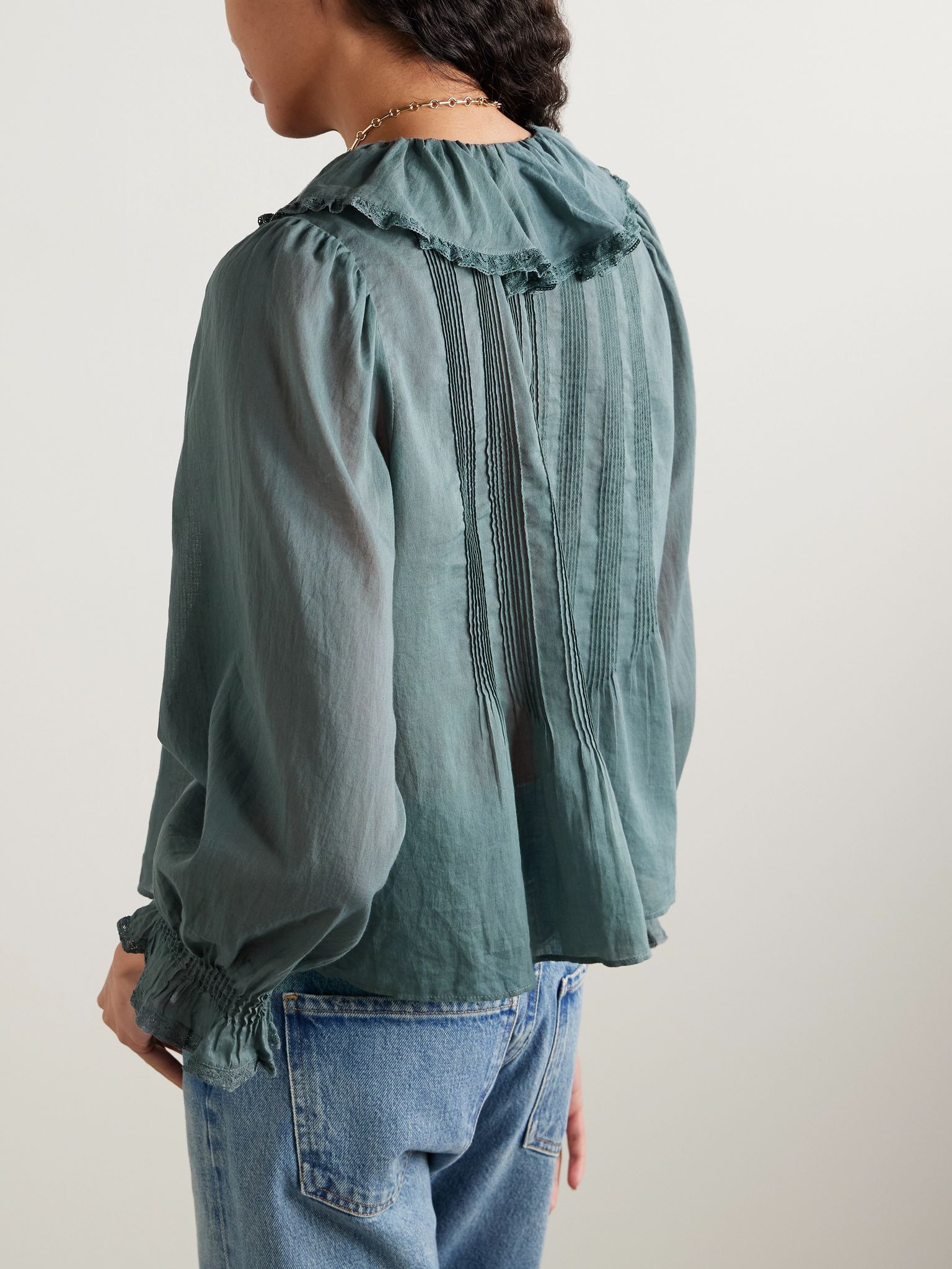 Hardy lace-trimmed ruffled pintucked organic cotton-voile blouse Storm blue - 4