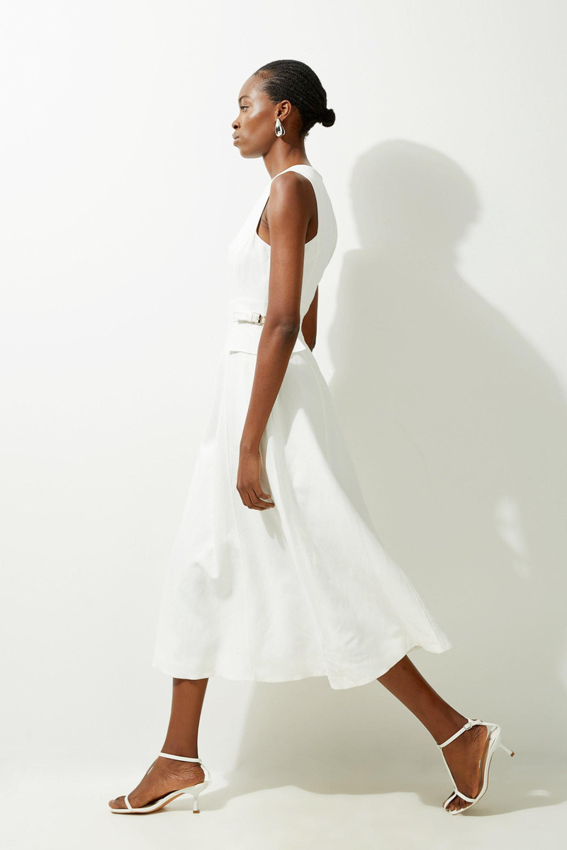 Premium Linen Tab Waist Detail Full Skirt Tailored Midi Dress 5