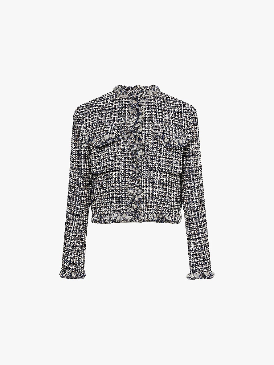 Collarless down-fill wool-blend tweed jacket - 1