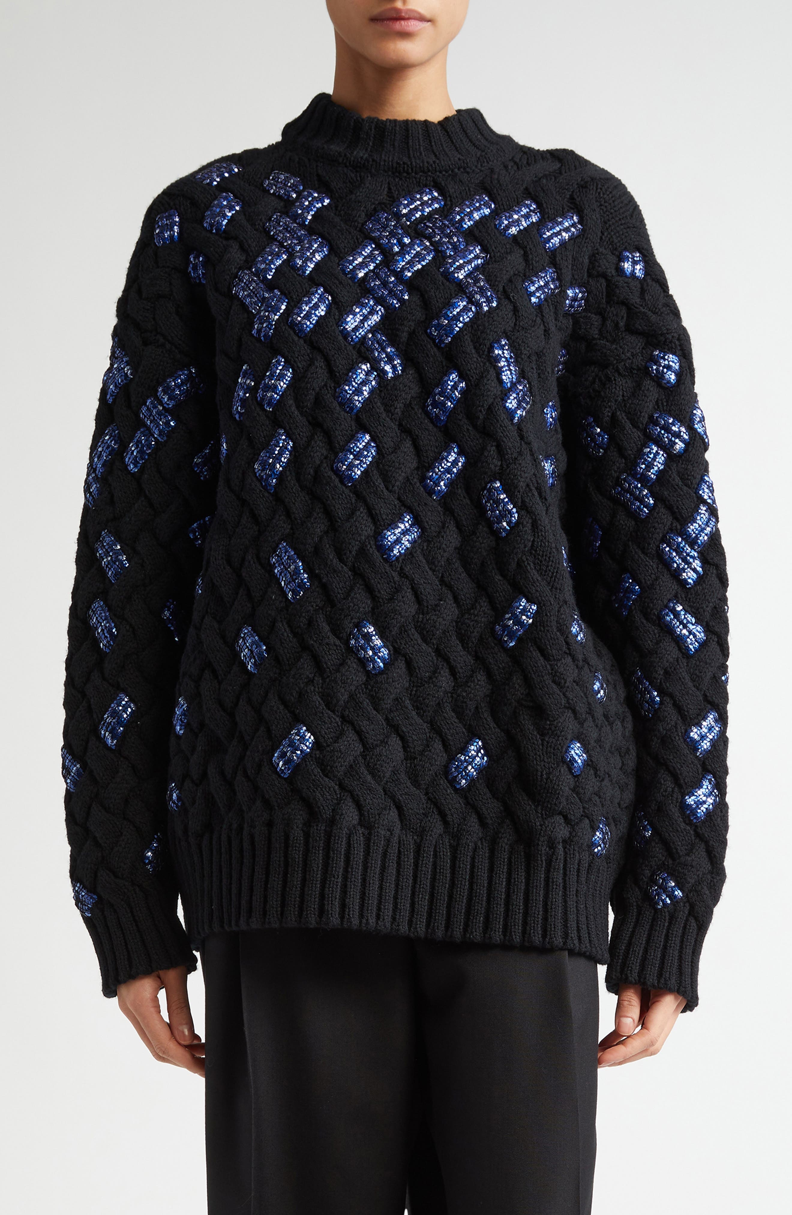 Dries Van Noten Embellished Virgin Wool Cable Knit Sweater in Black at Nordstrom - 1