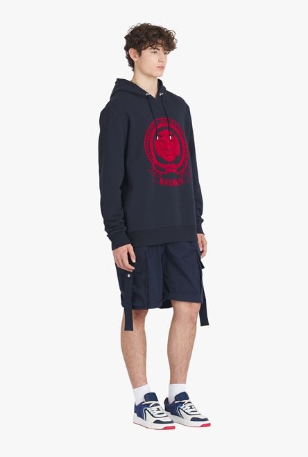 HIGH SUMMER CAPSULE - Navy blue cotton sweatshirt with flocked red Balmain logo - 7