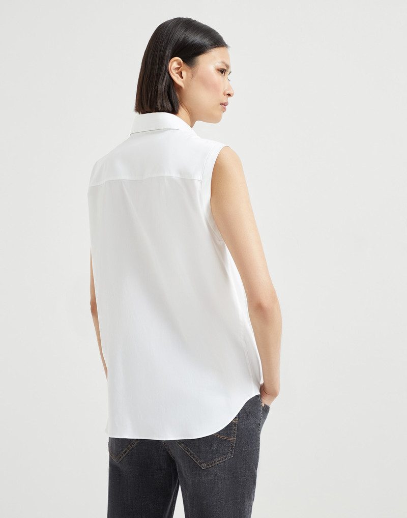 Brunello Cucinelli Stretch cotton poplin sleeveless shirt with shiny trim outlook