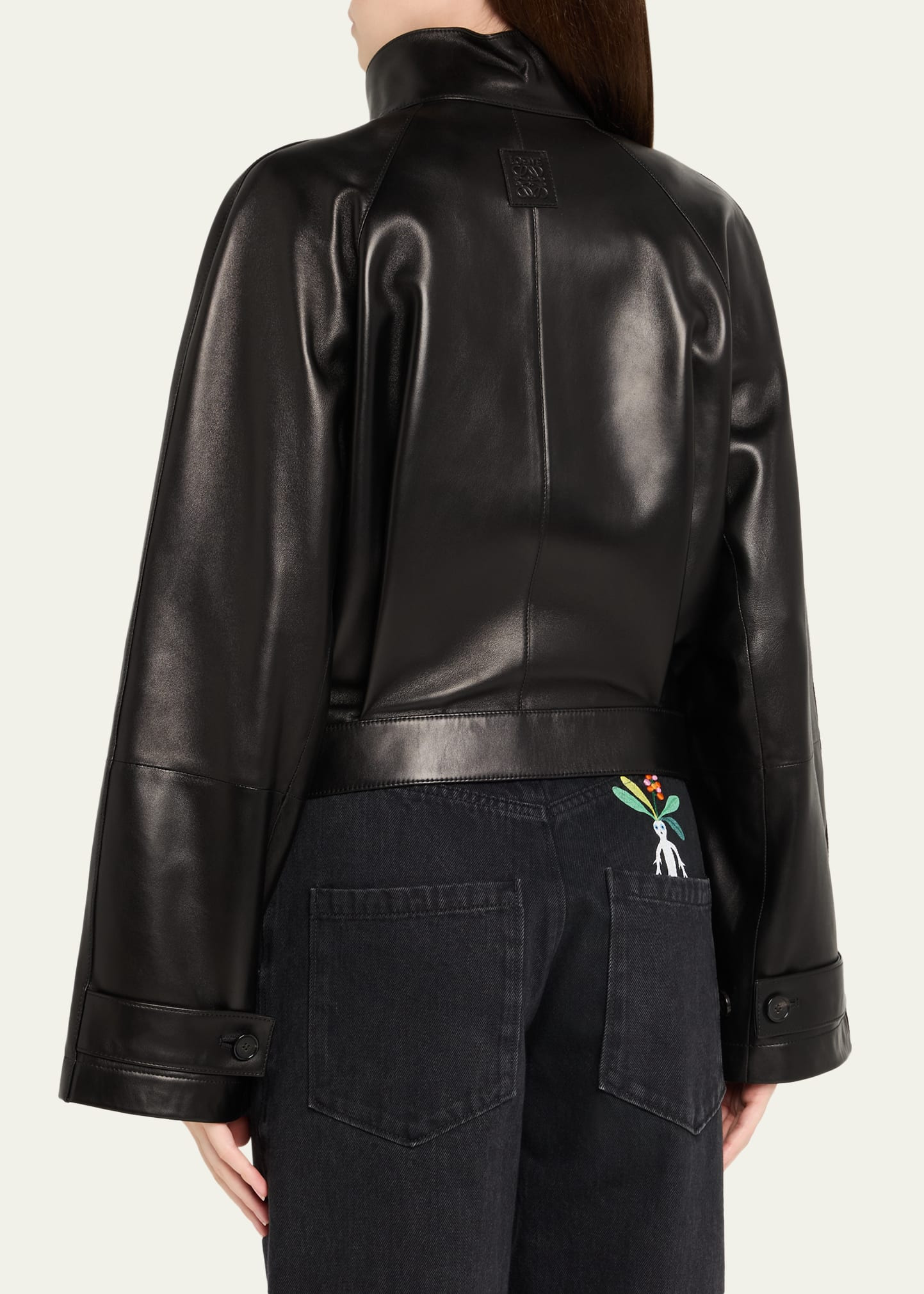 High-Neck Leather Belted Crop Trench Jacket - 3
