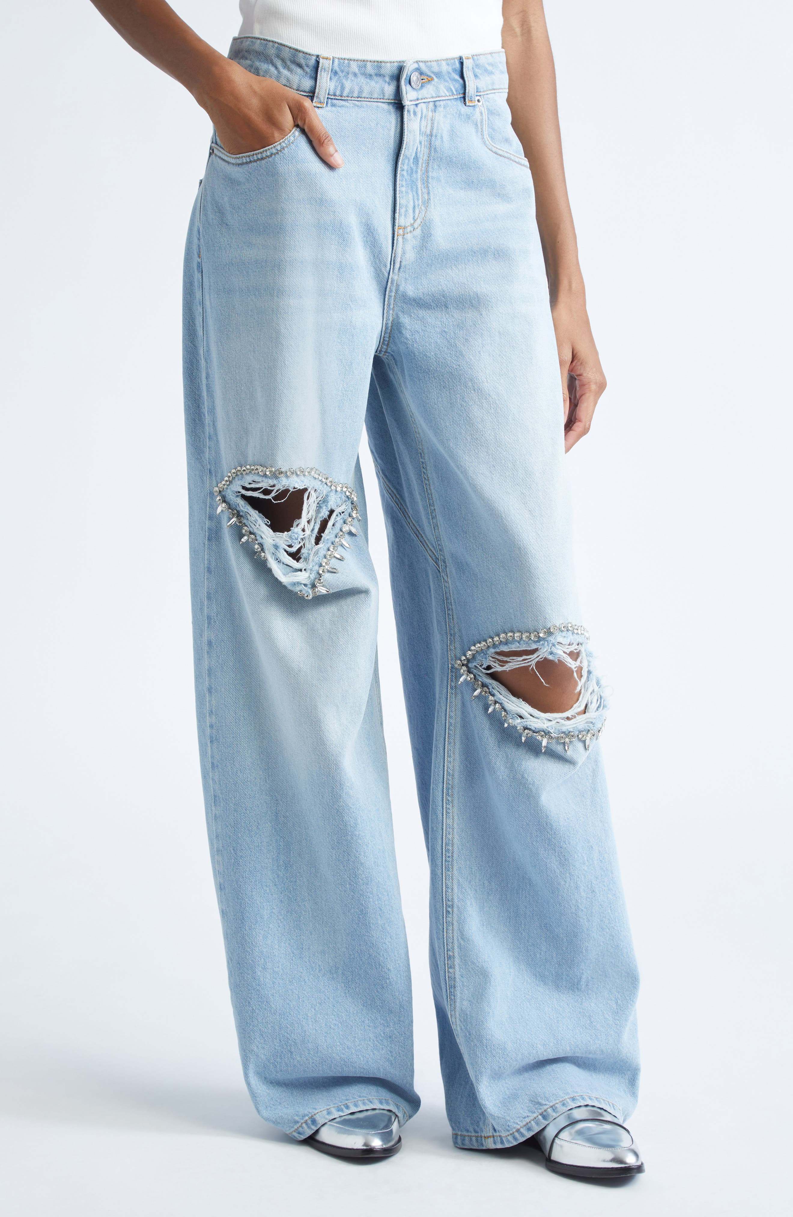 Area Distressed Crystal Trim Relaxed Slit Jeans in Medium Blue at Nordstrom - 5