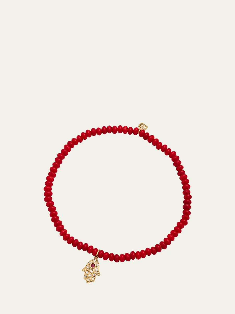 3mm Beaded Coral Bracelet with Diamond Hamsa Pendant - 1