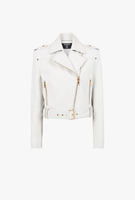 Cropped white leather biker jacket - 1