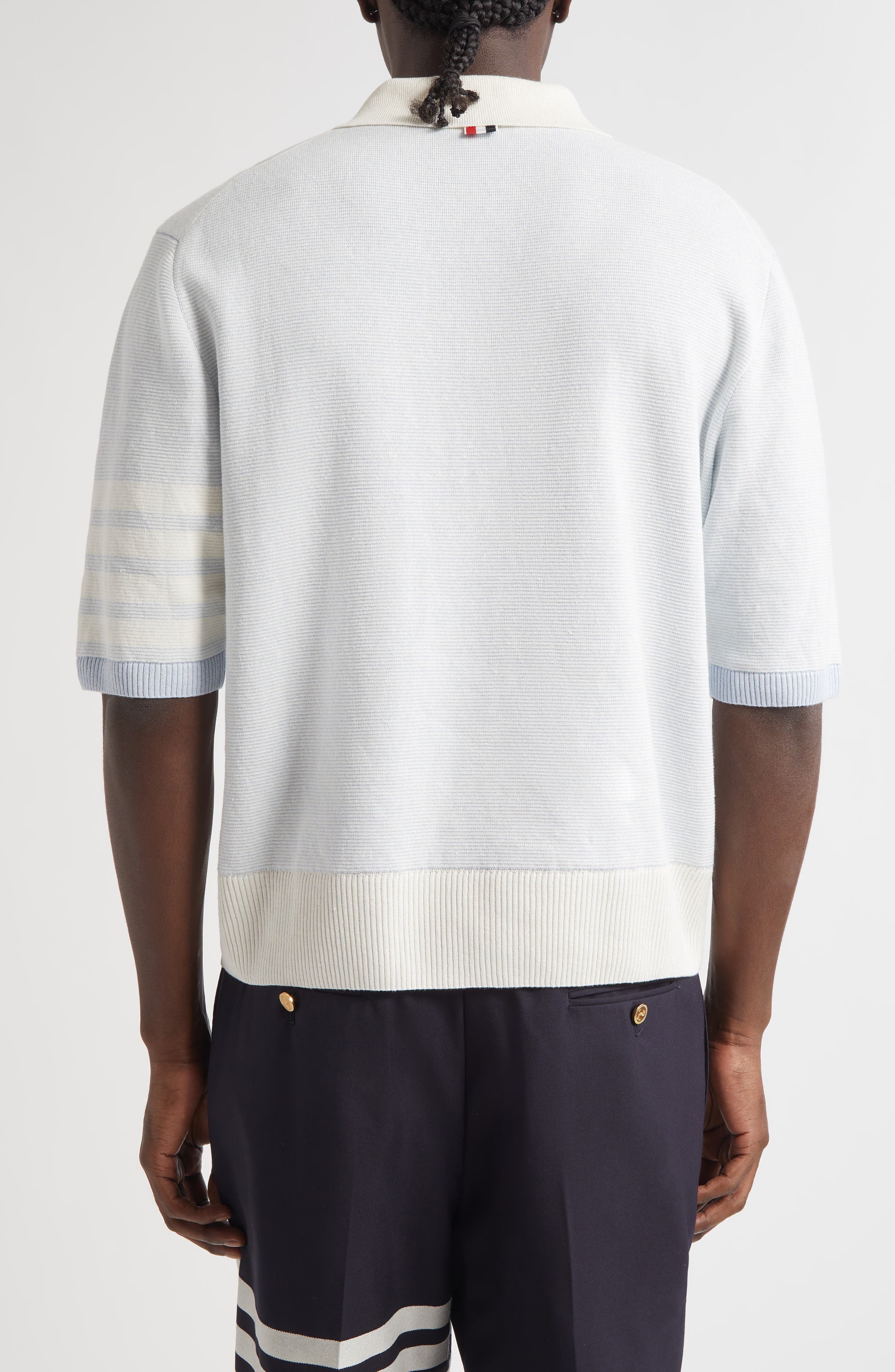 Thom Browne Relaxed Fit 4-Bar Textured Stripe Linen & Cotton Polo Sweater in Light Blue at Nordstrom - 2