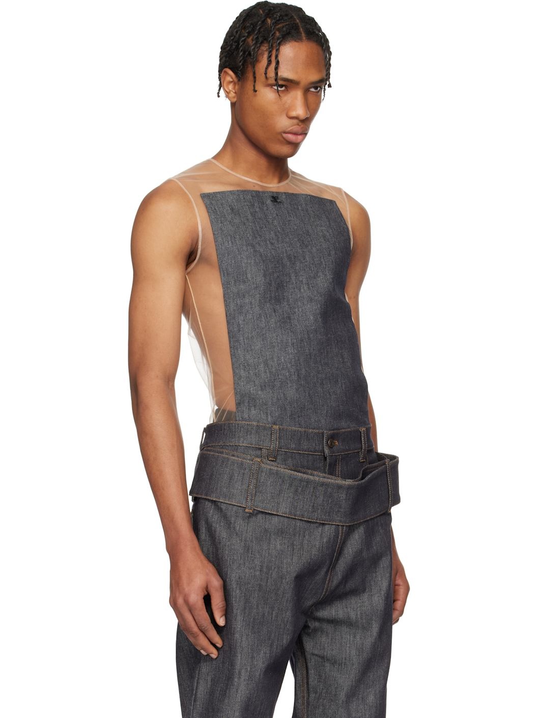 Beige & Gray Illusion Square Denim Tank Top - 2