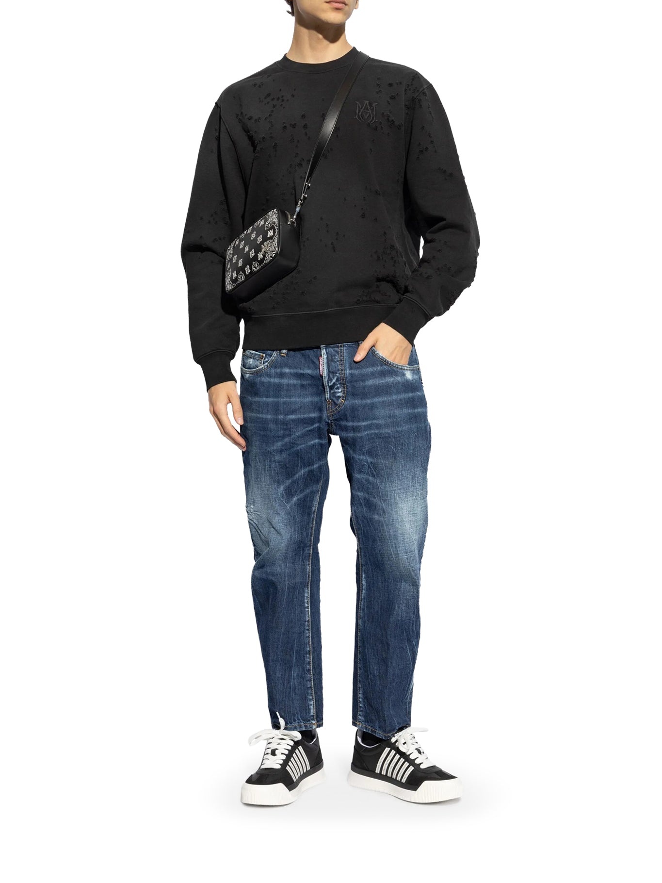 CREW NECK SWEATSHIRT WITH DESTROYED EFFECT - 1