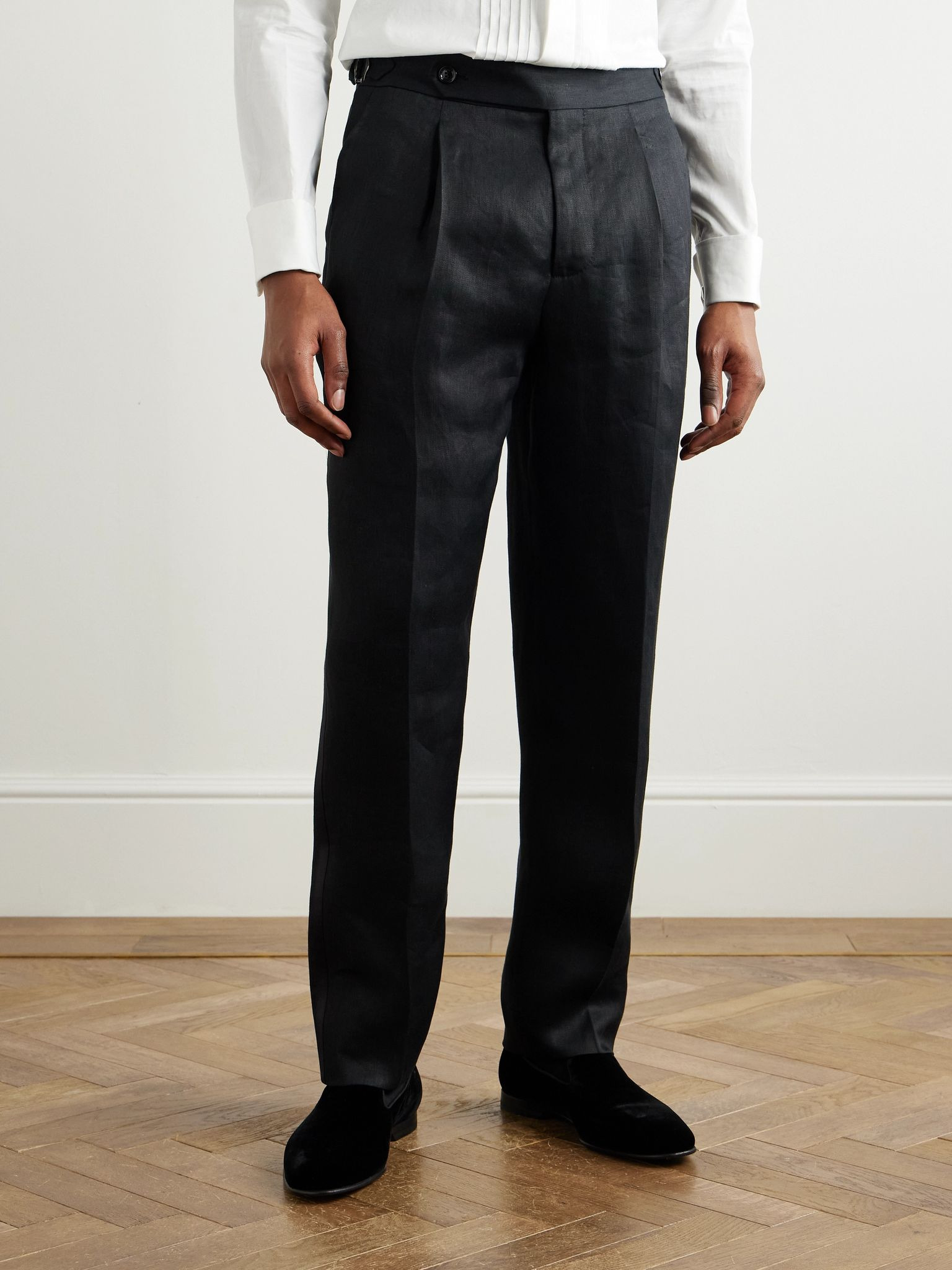 Tapered Pleated Cotton and Silk-Blend Satin-Trimmed Linen Tuxedo Trousers Black - 3