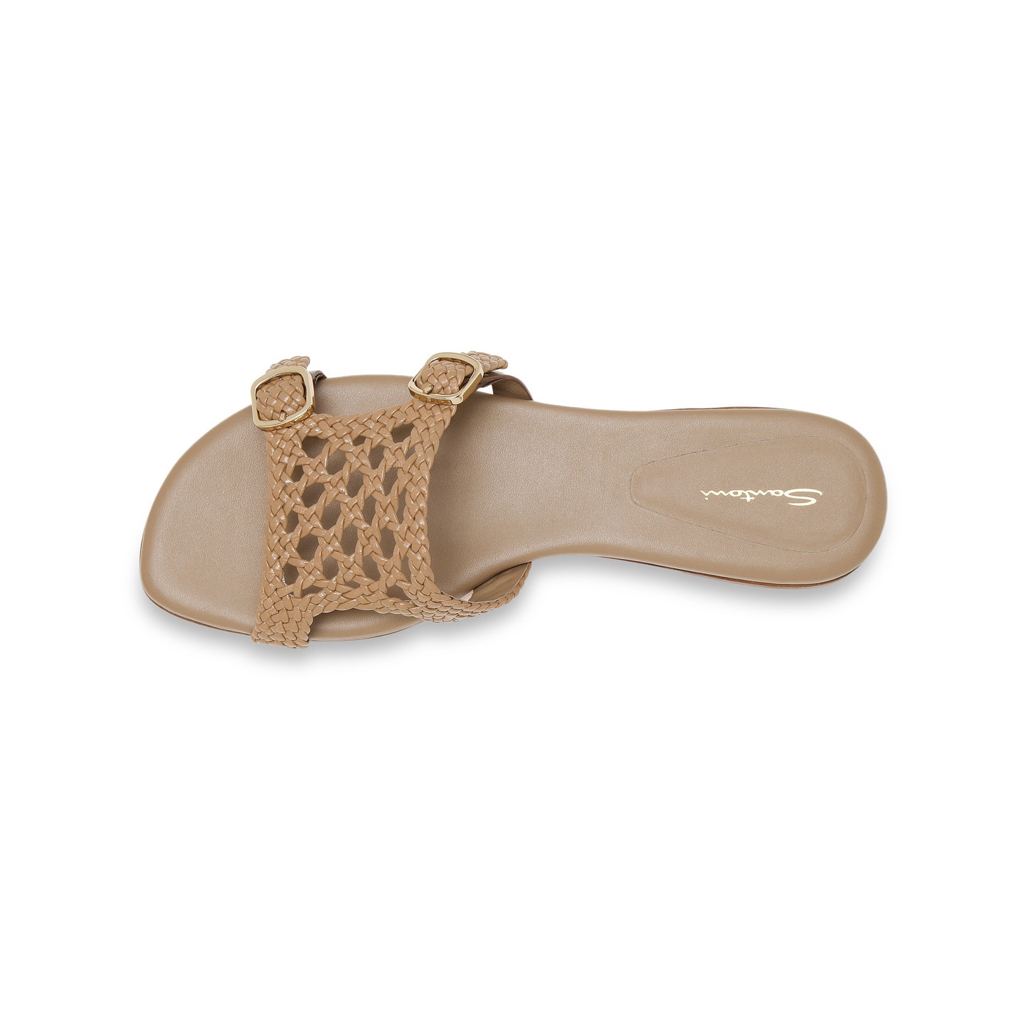 Women's beige woven leather double-buckle slide sandal - 4