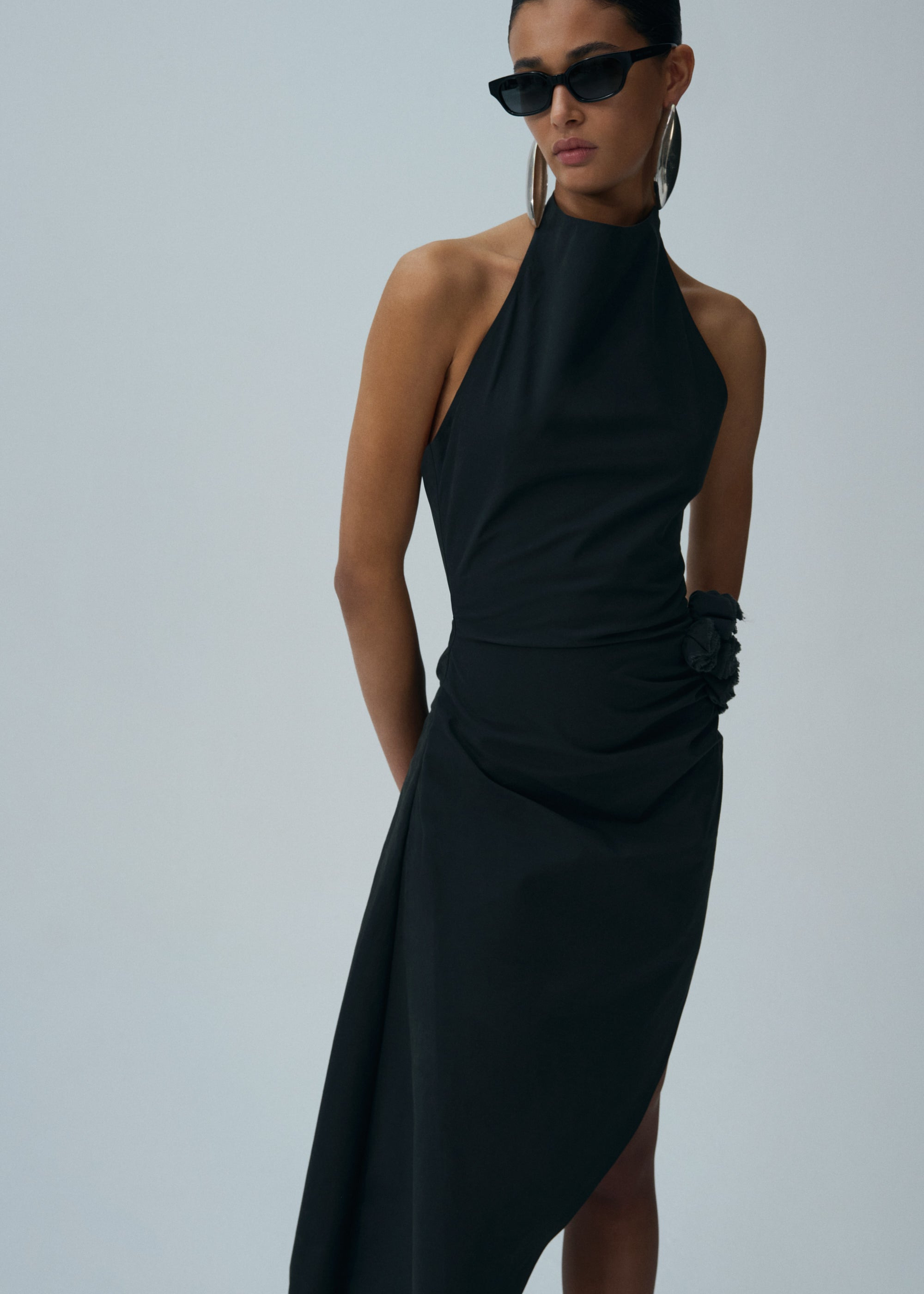 High neck asymmetrical midi dress in black - 3