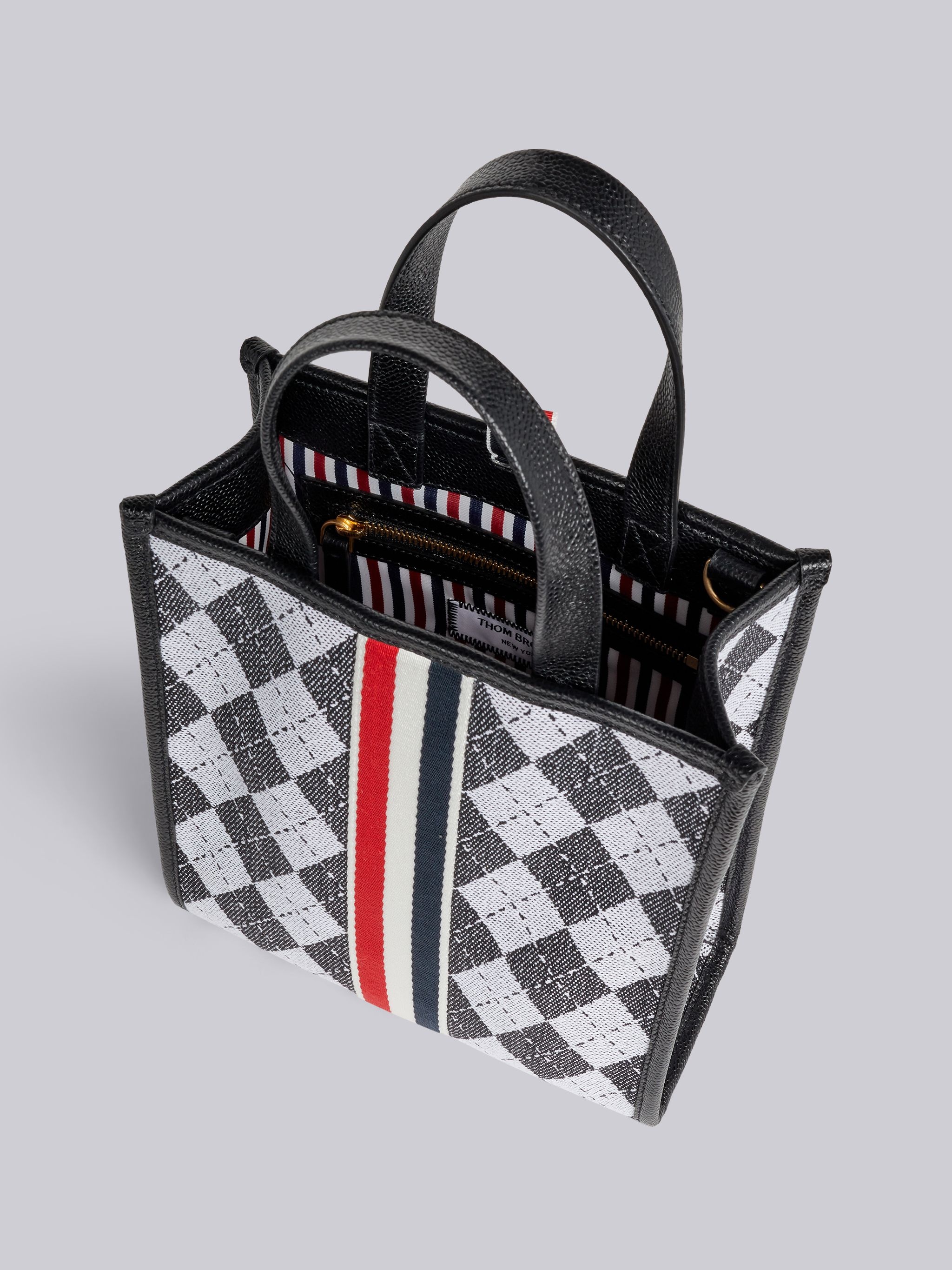 Black and White Argyle Wool Cotton Jacquard Webbing Stripe Shoulder Strap Small Tote - 5