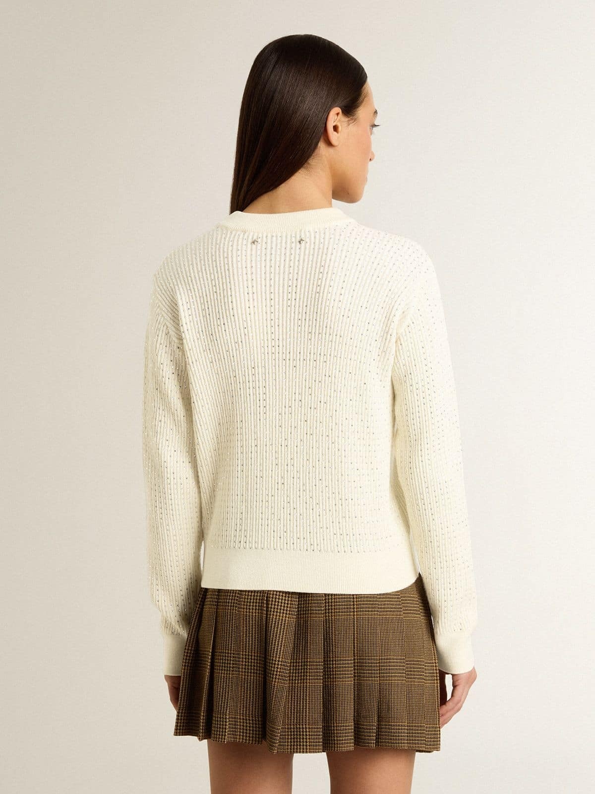 Women's crew-neck sweater in white merino wool with all-over crystals - 4