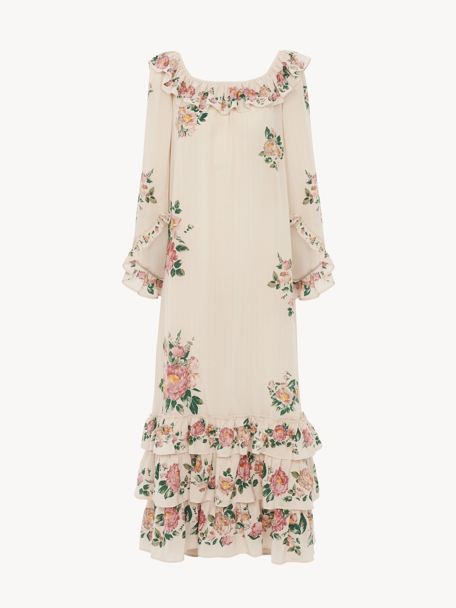 SQUARE-NECK RUFFLED LONG DRESS IN CRÊPE DE CHINE - 2