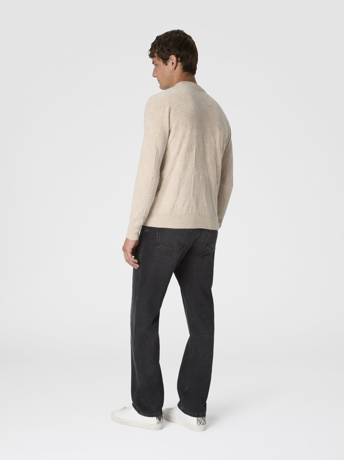 Crew neck sweater in pure cashmere with chevron pattern - 3