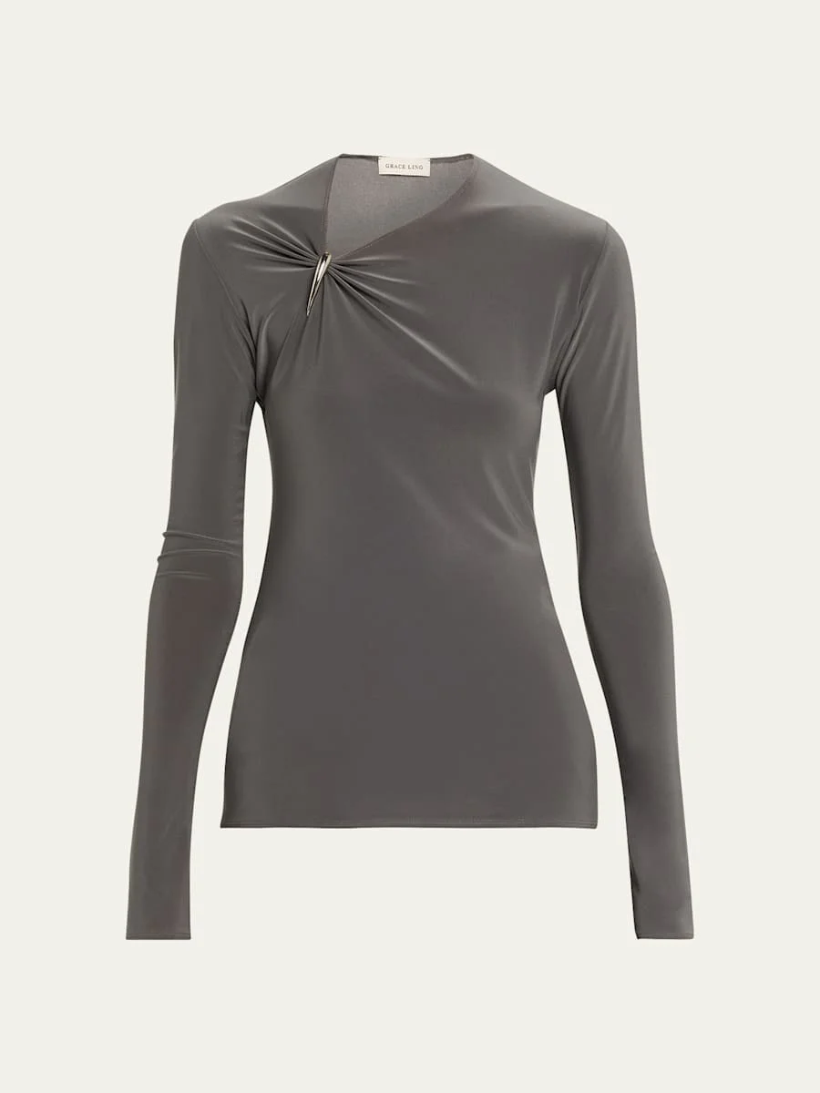 Claw Gathered Neck Long-Sleeve Top - 1