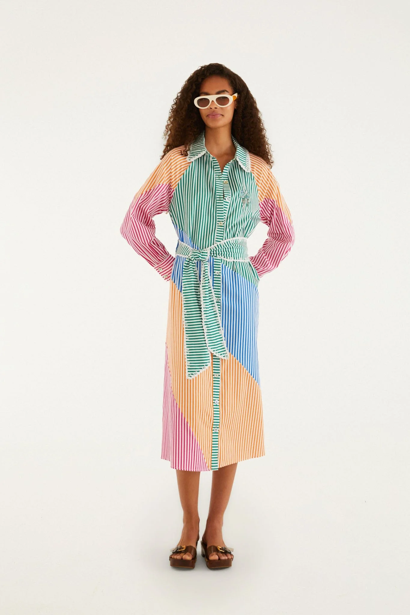 Multicolor Stripes Embroidered Belted Organic Cotton Midi Dress - 1