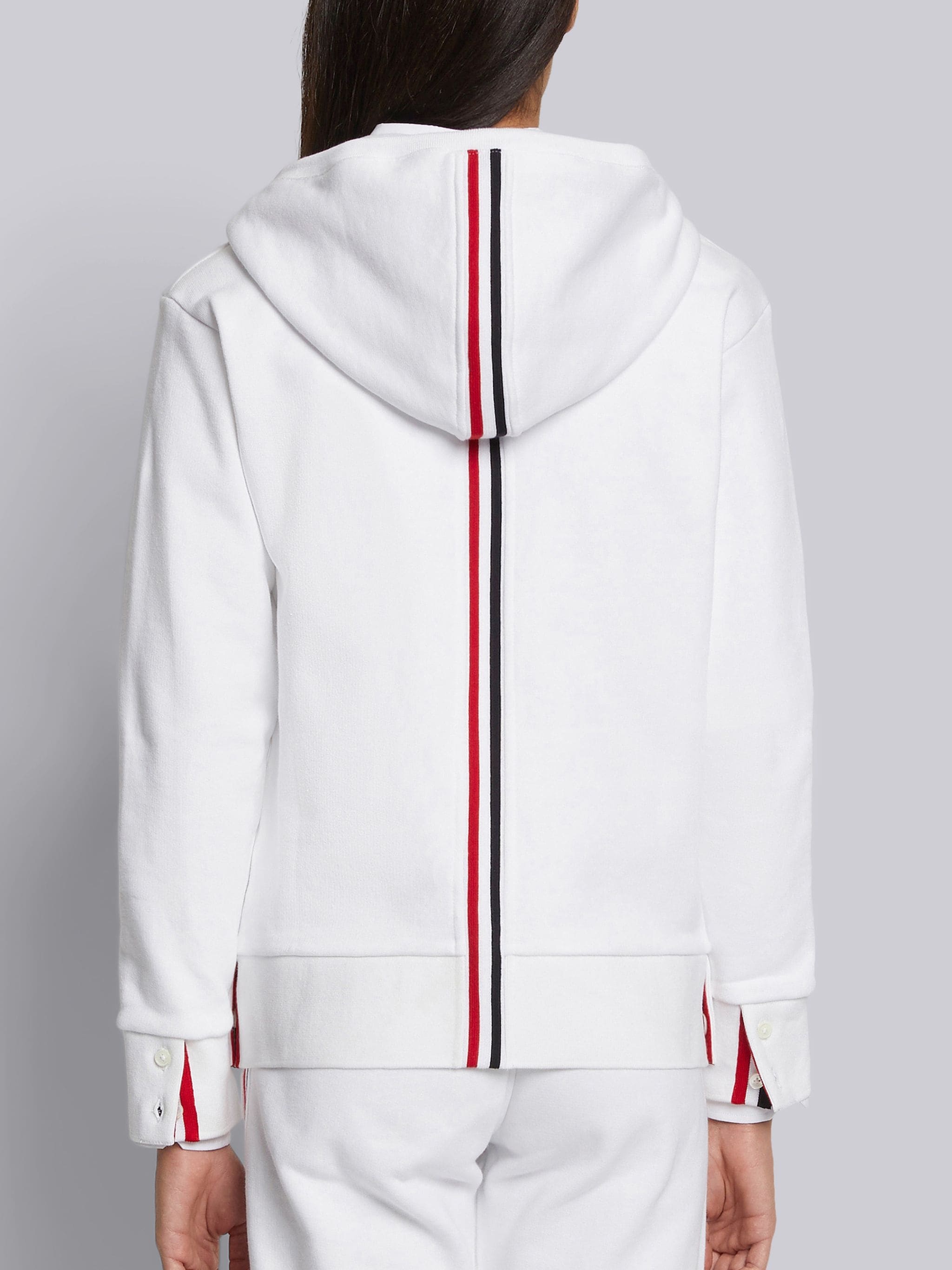 White Classic Loopback Cotton Center Back Stripe Zip-up Hoodie - 3