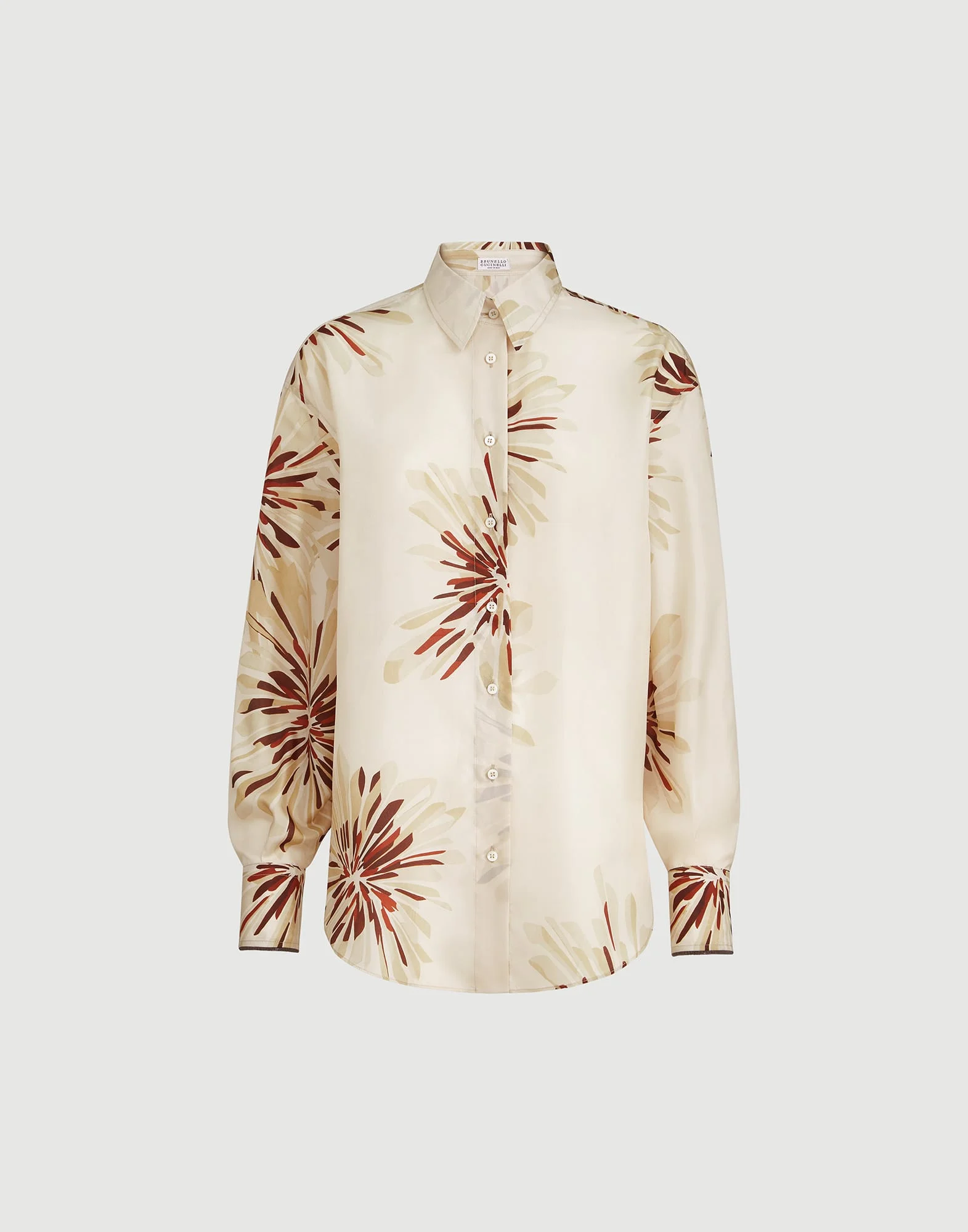 Silk bloom print pongee shirt with monili - 1