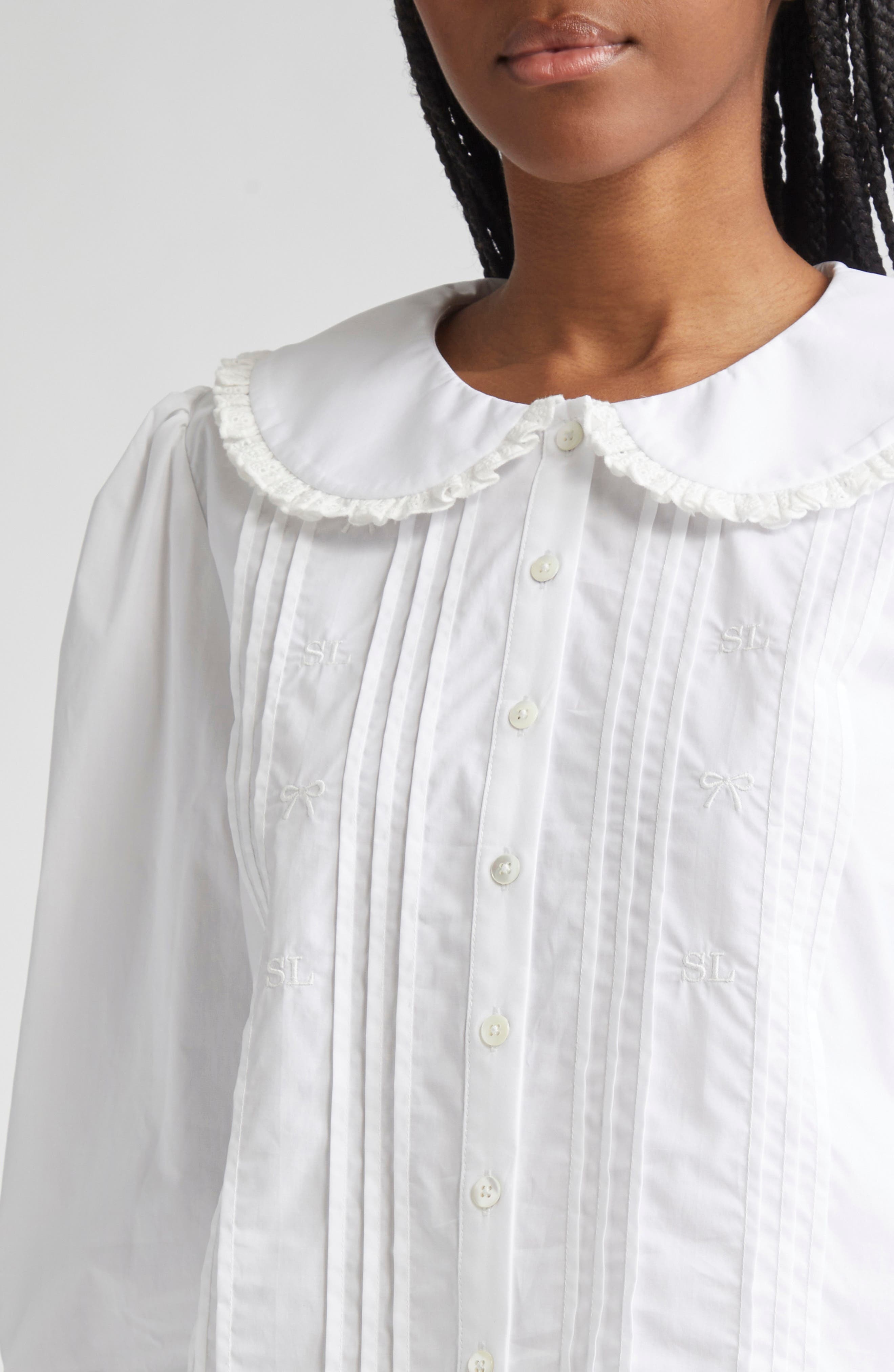 Sandy Liang Crayon Eyelet Trim Cotton Poplin Shirt in White at Nordstrom - 5