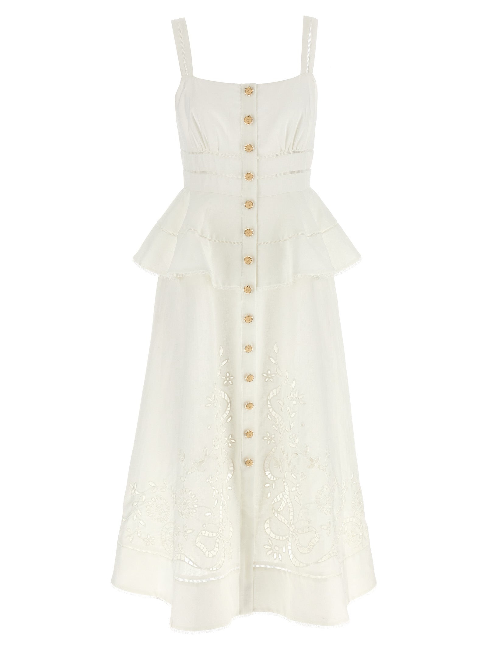self-portrait Cream Linen Peplum Midi Dresses White