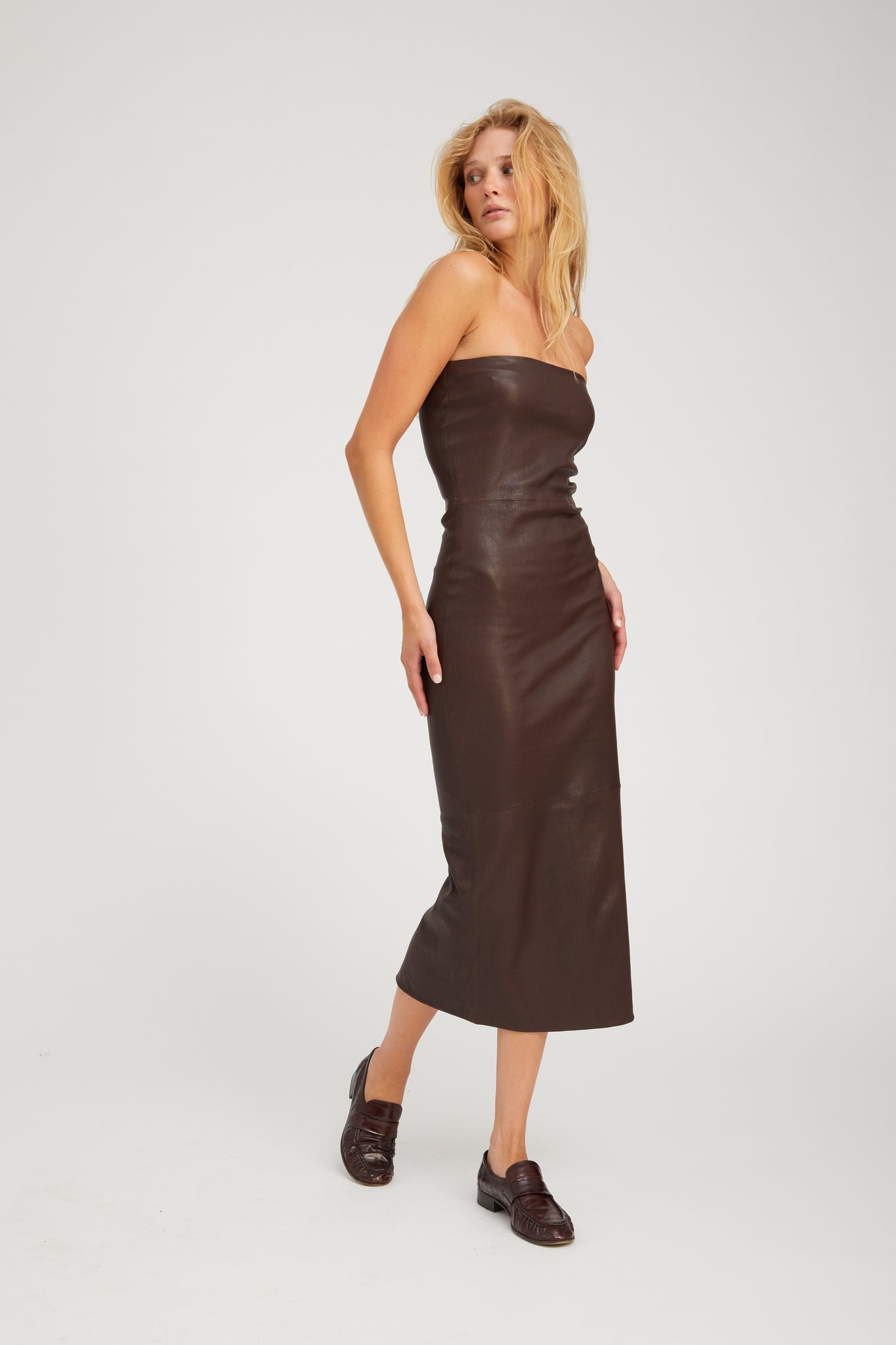 DARK CHOCOLATE LEATHER TUBE DRESS - 2