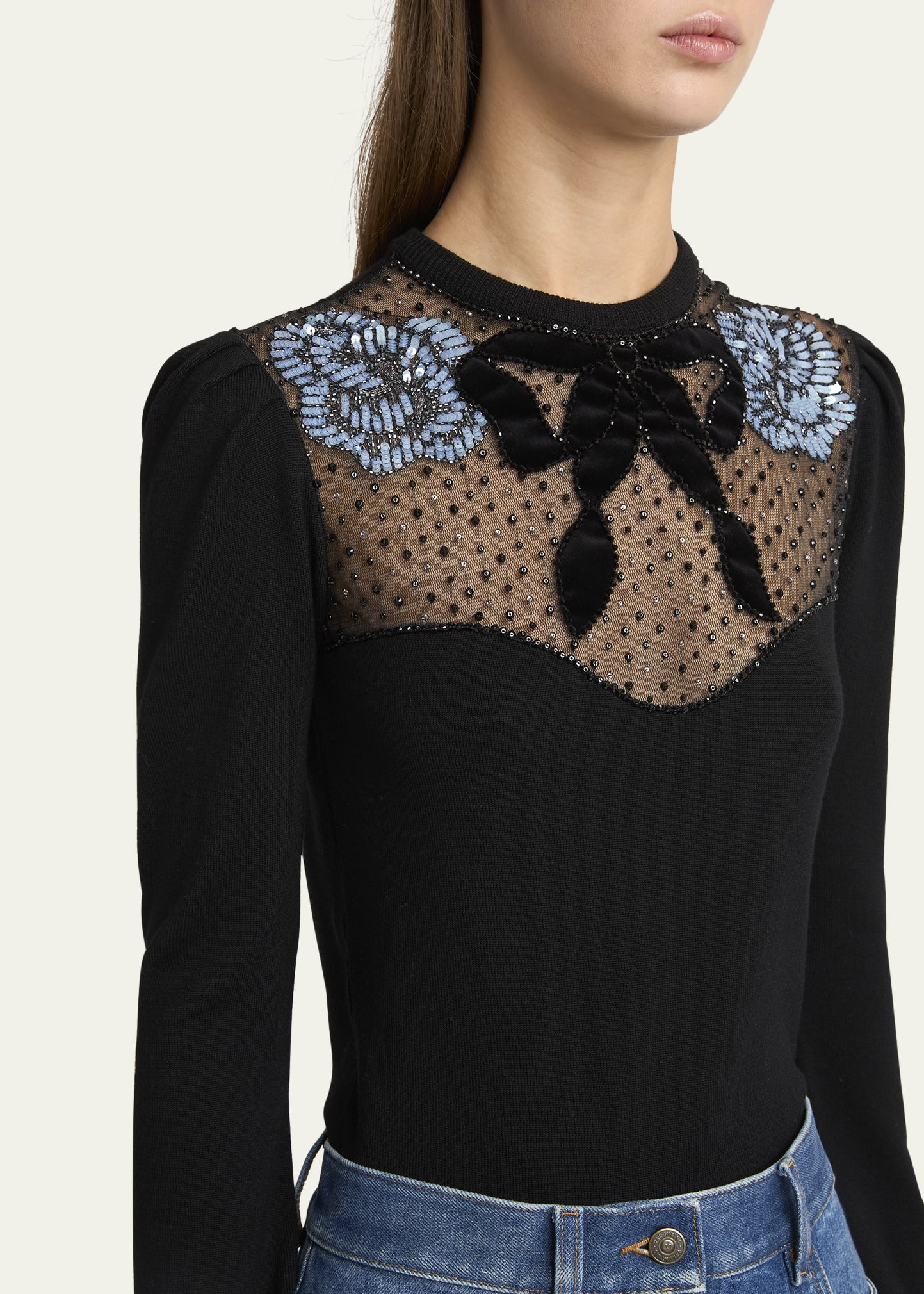 Beaded Floral Sheer Bust Wool Sweater - 5