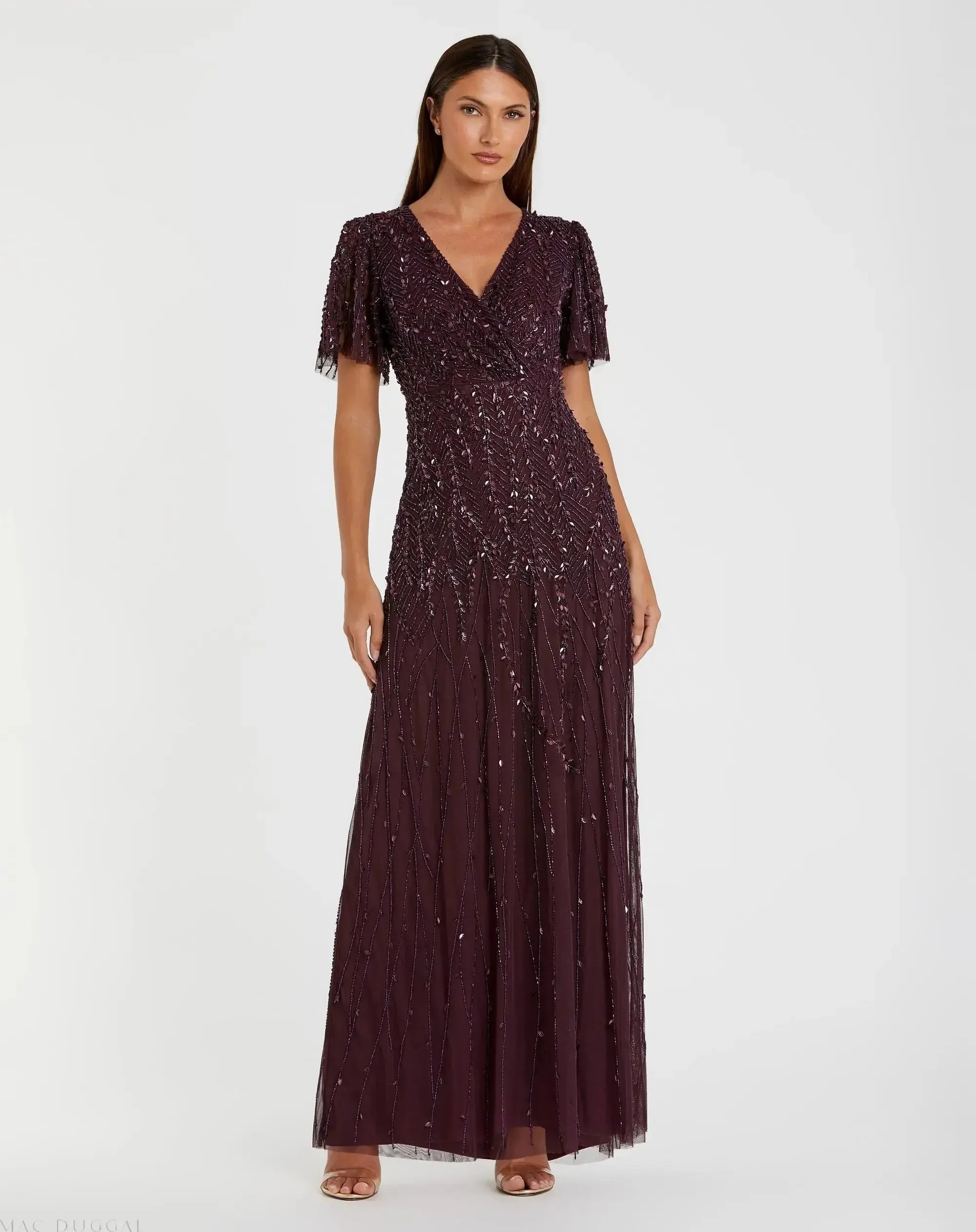 Purple Embellished Flutter Sleeve Gown - 1