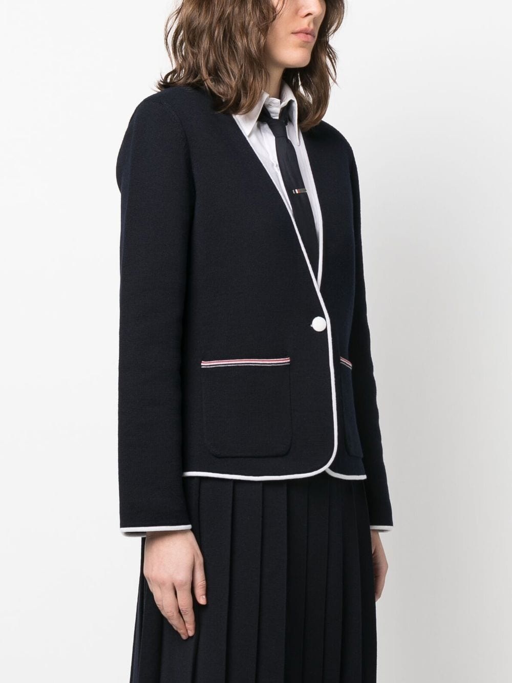 contrasting-trim collarless jacket - 3