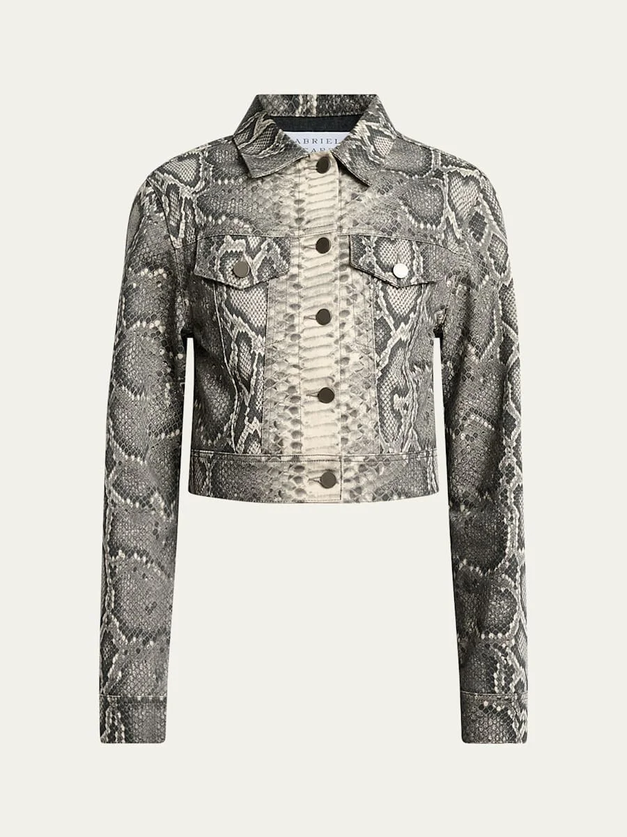 Bronte Snakeskin-Print Crop Denim Jacket - 1
