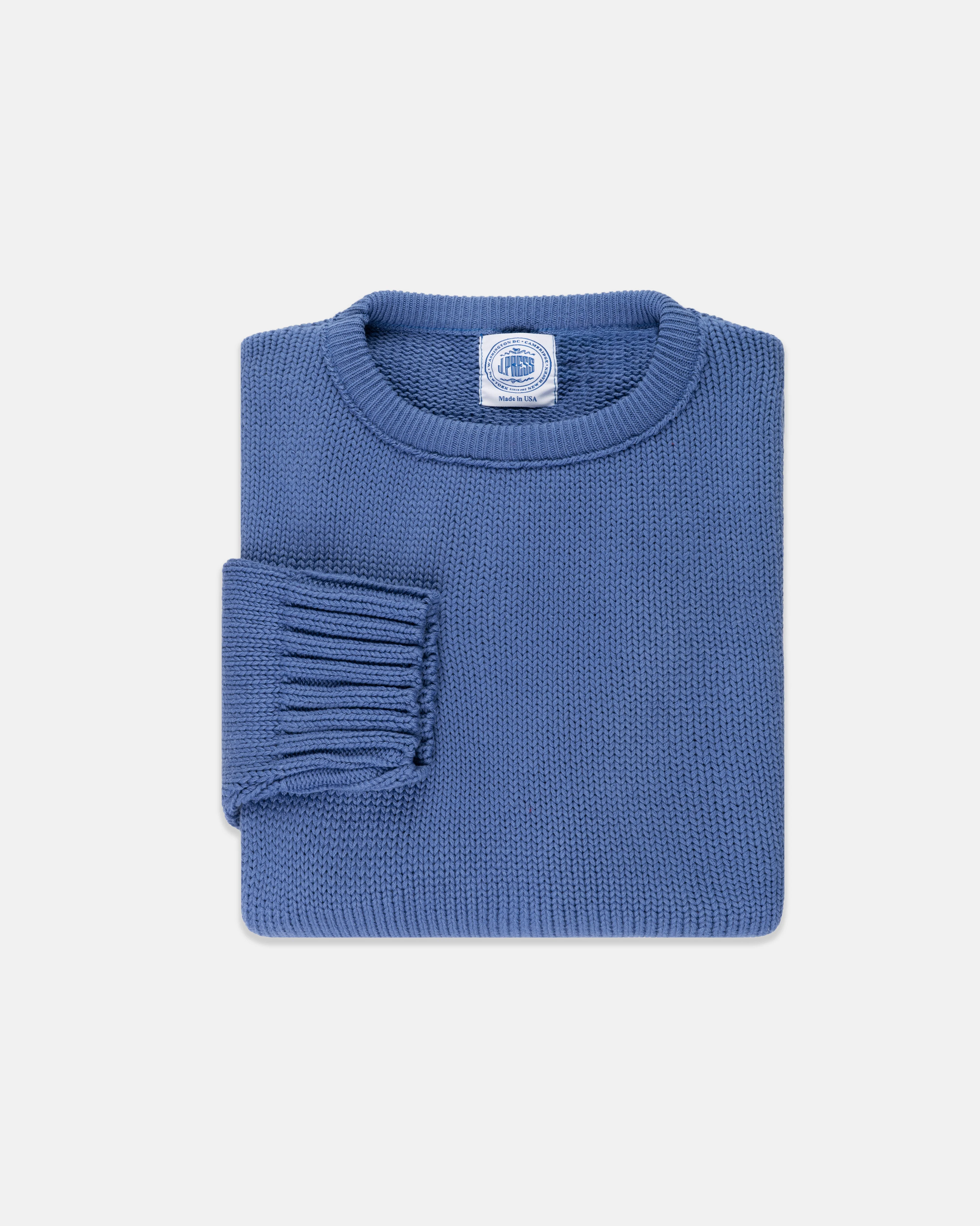MADE-IN-USA BLUE CHUNKY COTTON CREWNECK SWEATER - 1