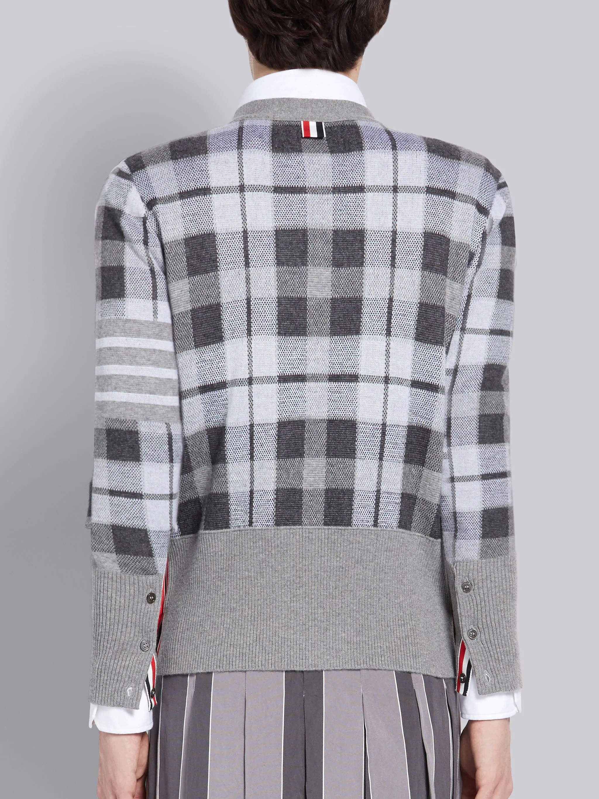 Medium Grey Cashmere Tartan Check Jacquard V-neck 4-Bar Cardigan - 2