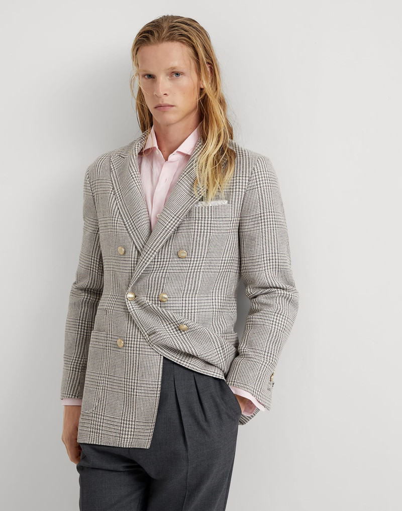Linen, silk, wool and cotton Prince of Wales one-and-a-half breasted blazer with patch pockets and m 4