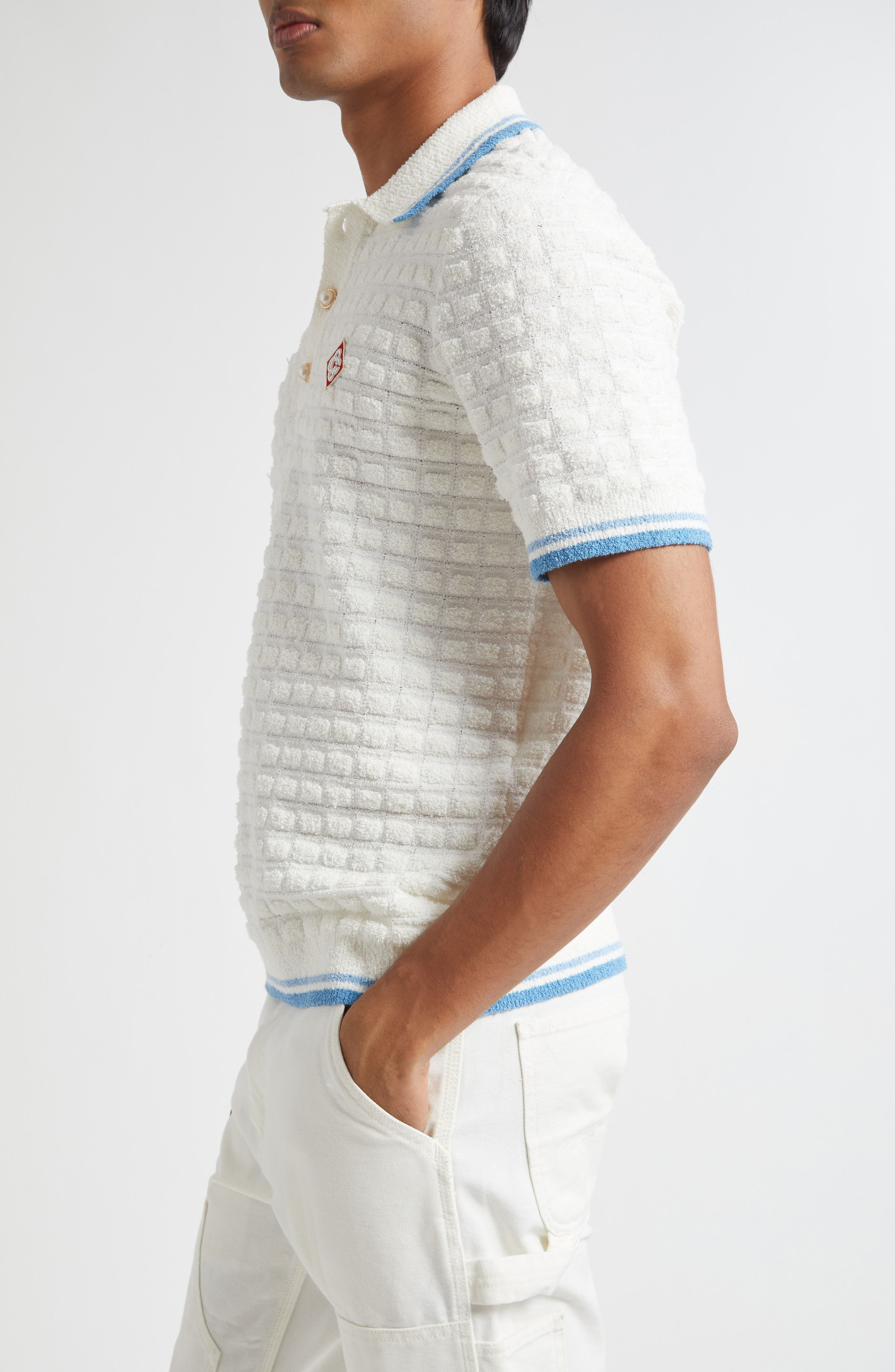 Casablanca Tipped Cotton Blend Bouclé Polo Sweater in White at Nordstrom - 3