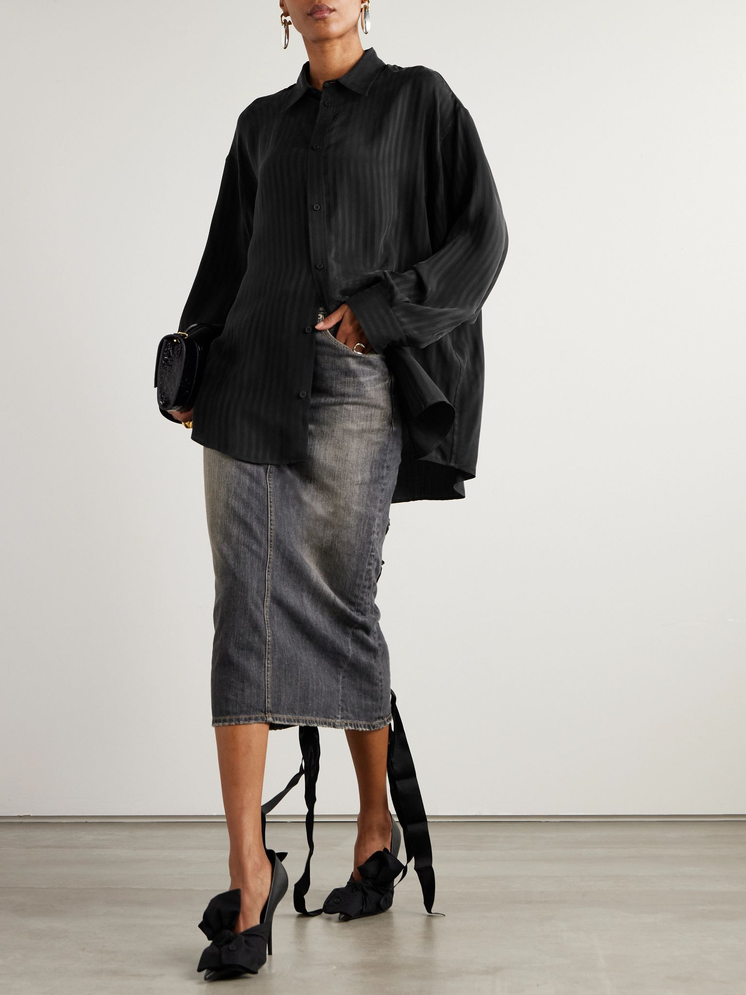 Striped satin-jacquard shirt Black - 2