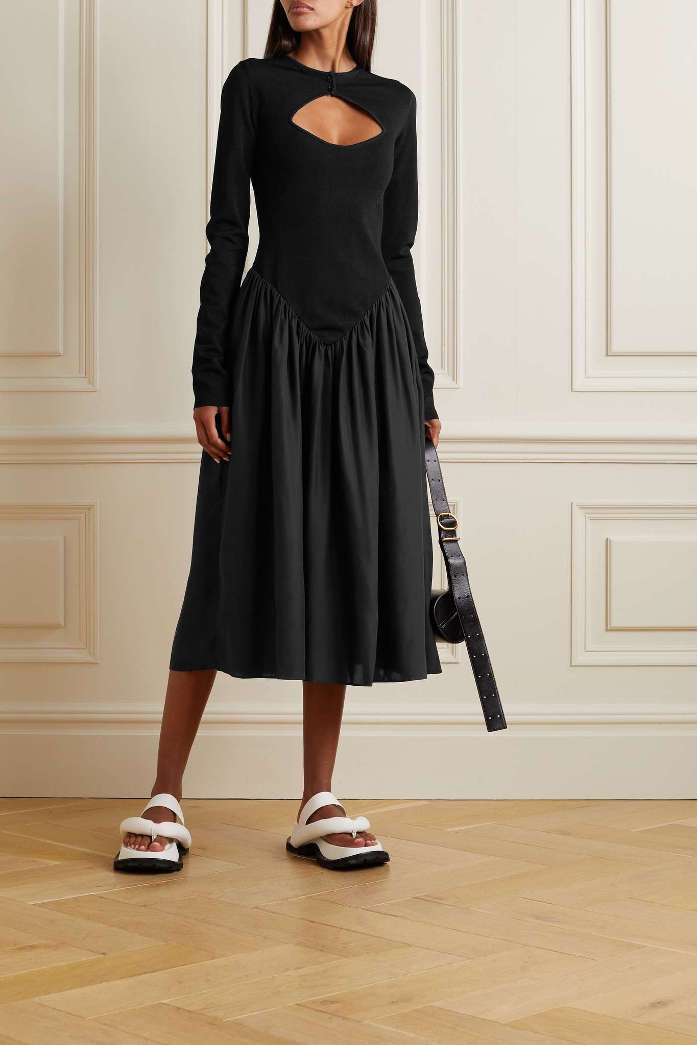 Cutout stretch-knit and gathered silk-satin midi dress - 2